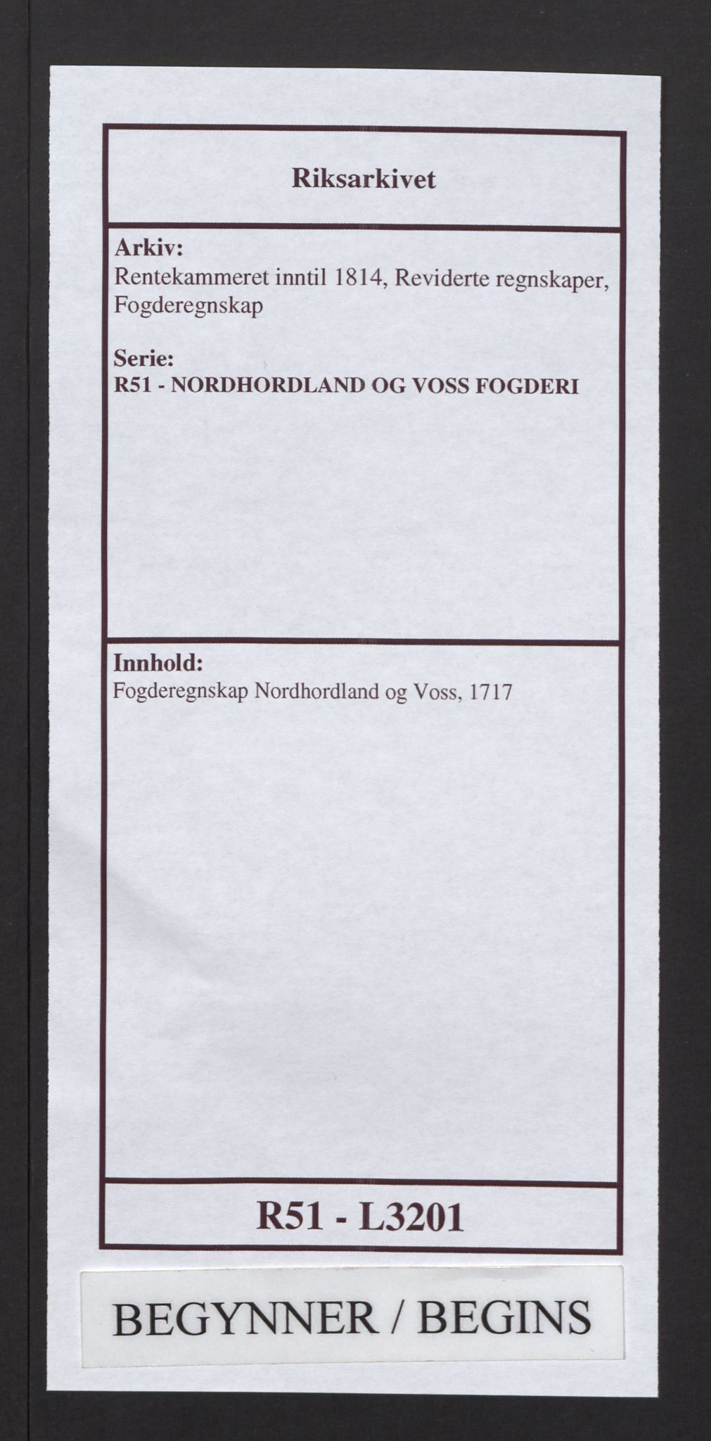 Rentekammeret inntil 1814, Reviderte regnskaper, Fogderegnskap, AV/RA-EA-4092/R51/L3201: Fogderegnskap Nordhordland og Voss, 1717, s. 1