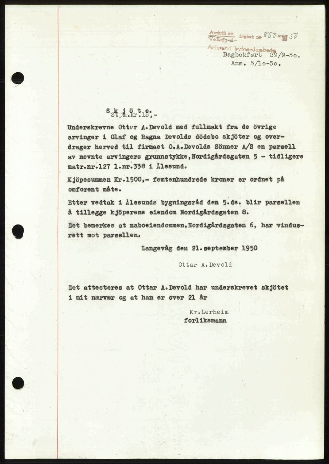 Ålesund byfogd, AV/SAT-A-4384: Pantebok nr. 37A (2), 1949-1950, Dagboknr: 850/1950