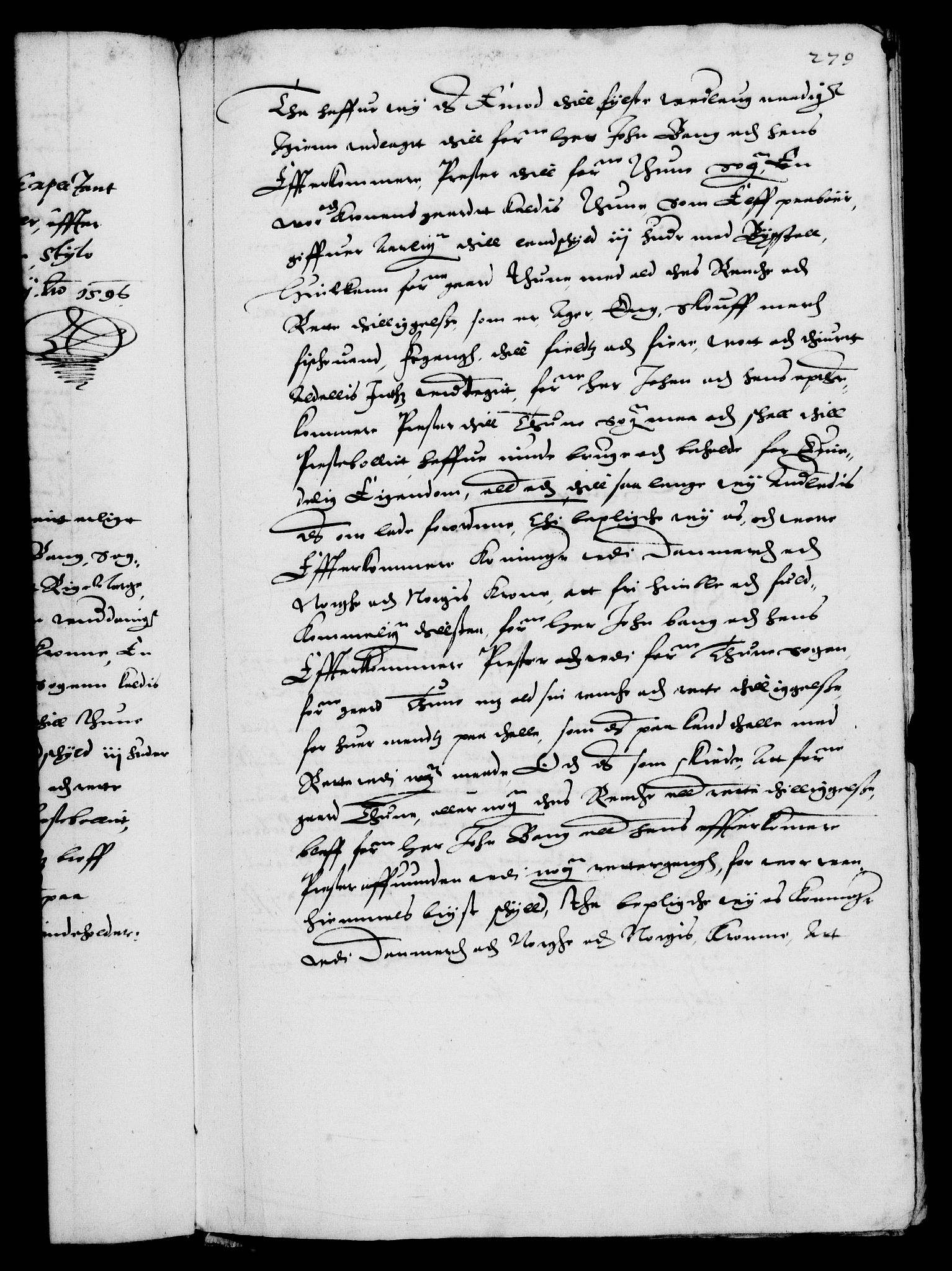 Danske Kanselli 1572-1799, RA/EA-3023/F/Fc/Fca/Fcaa/L0002: Norske registre (mikrofilm), 1588-1596, s. 279a