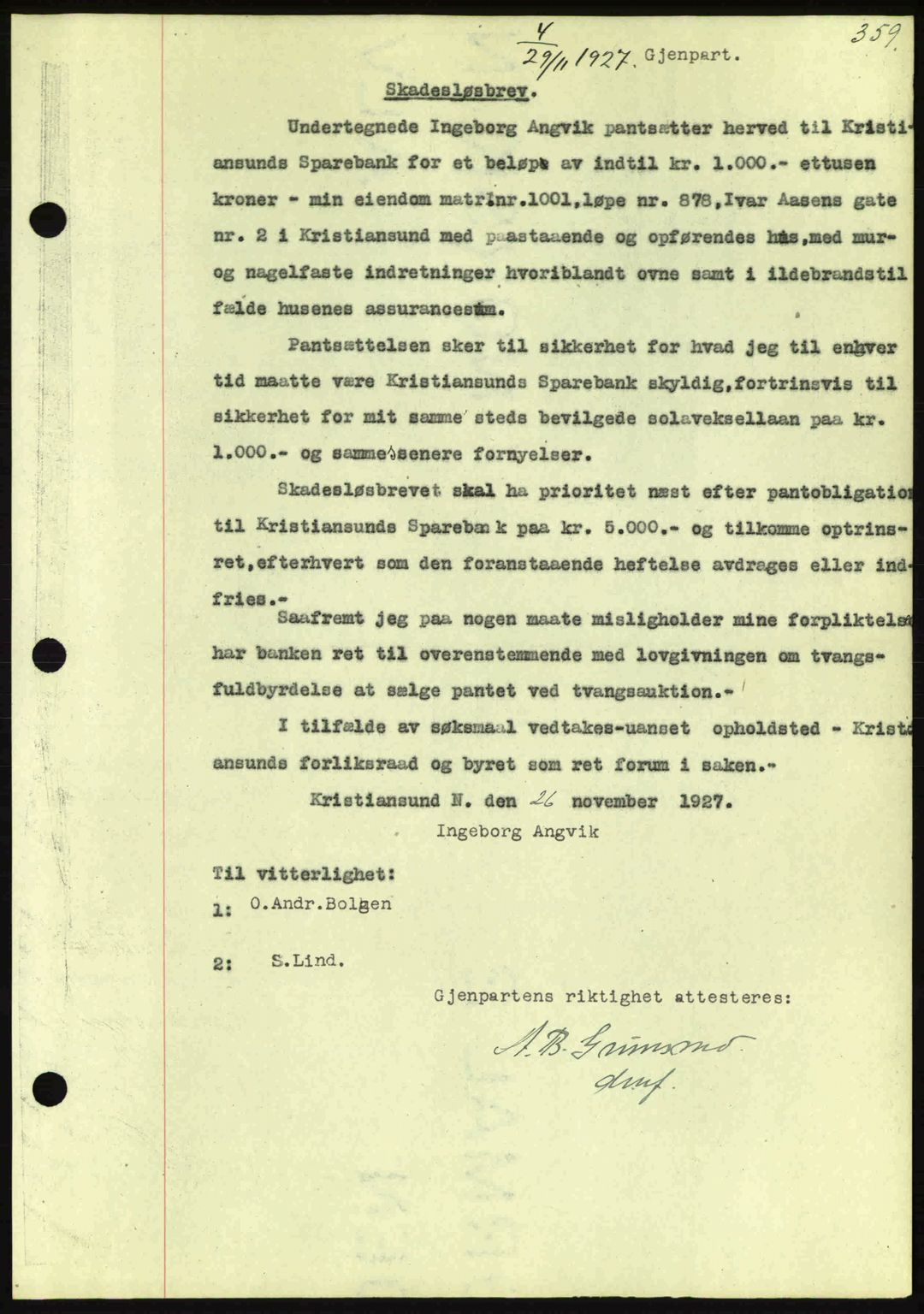 Kristiansund byfogd, AV/SAT-A-4587/A/27: Pantebok nr. 21, 1926-1928, Tingl.dato: 29.11.1927