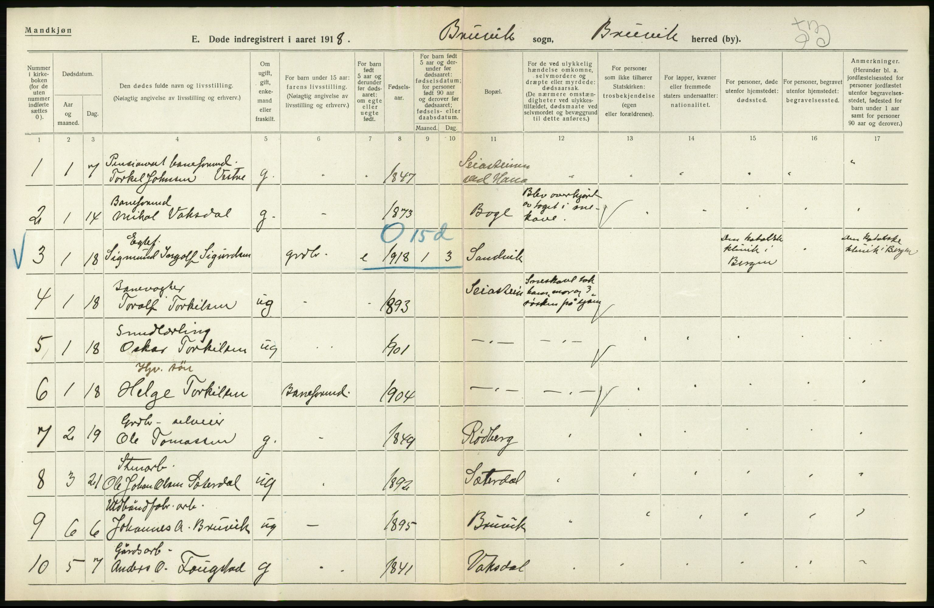 Statistisk sentralbyrå, Sosiodemografiske emner, Befolkning, AV/RA-S-2228/D/Df/Dfb/Dfbh/L0036: Hordaland fylke: Døde., 1918, s. 210