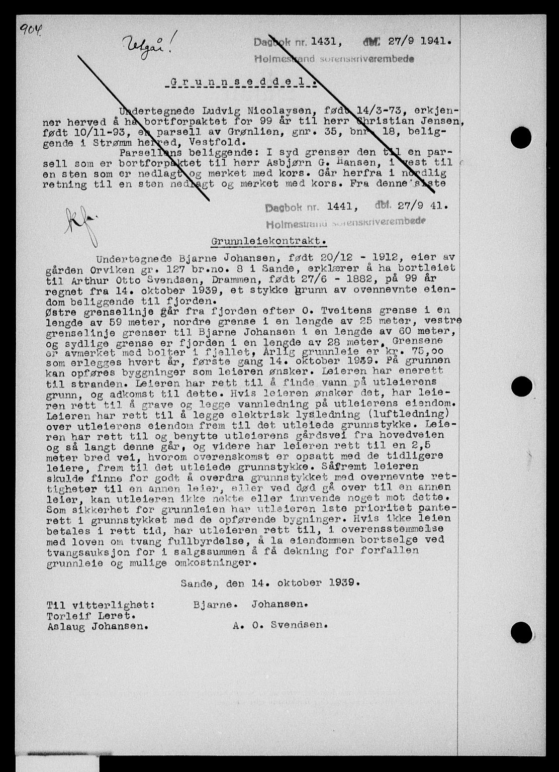Holmestrand sorenskriveri, SAKO/A-67/G/Ga/Gaa/L0053: Pantebok nr. A-53, 1941-1941, Dagboknr: 1441/1941