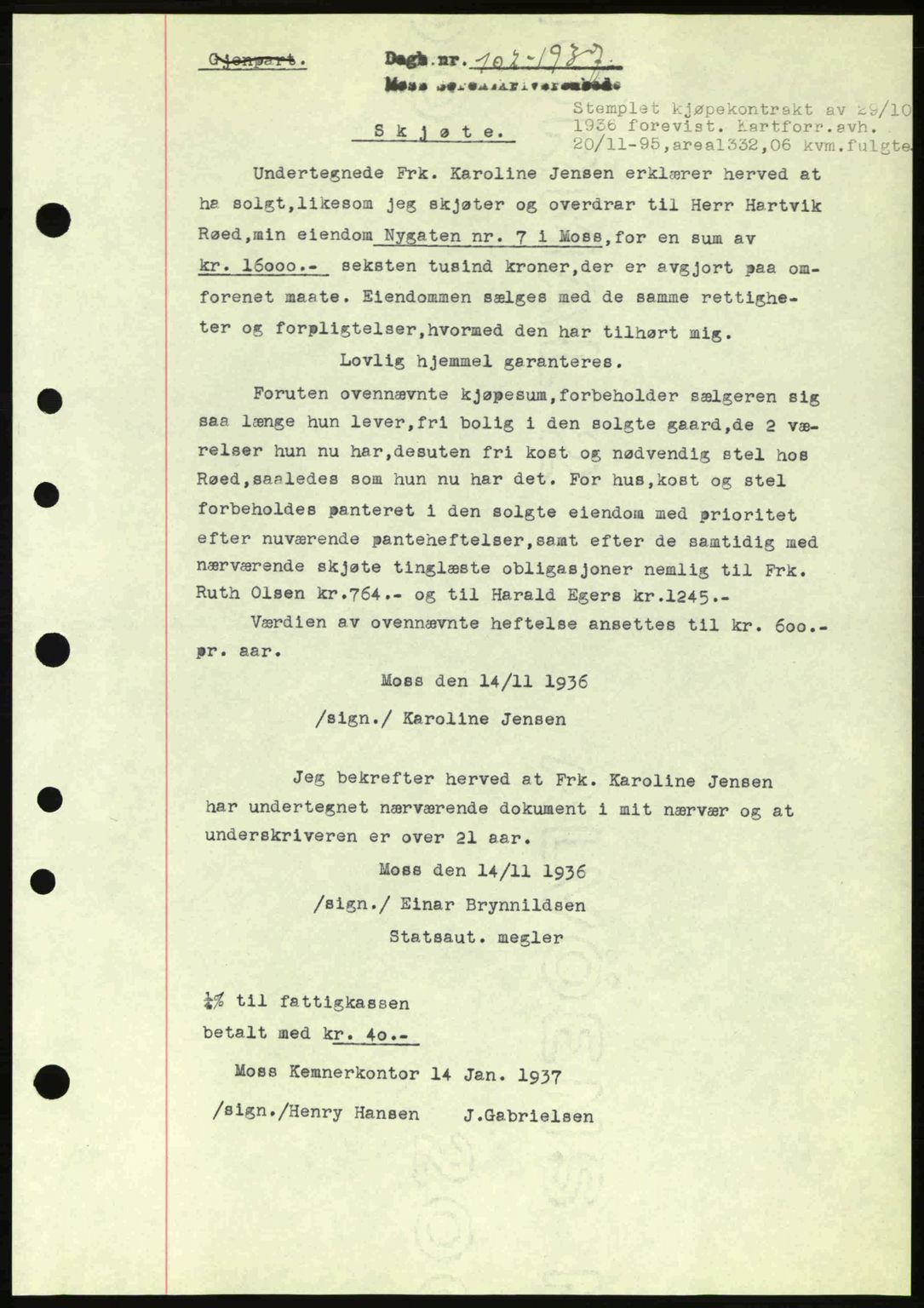 Moss sorenskriveri, SAO/A-10168: Pantebok nr. A2, 1936-1937, Dagboknr: 102/1936