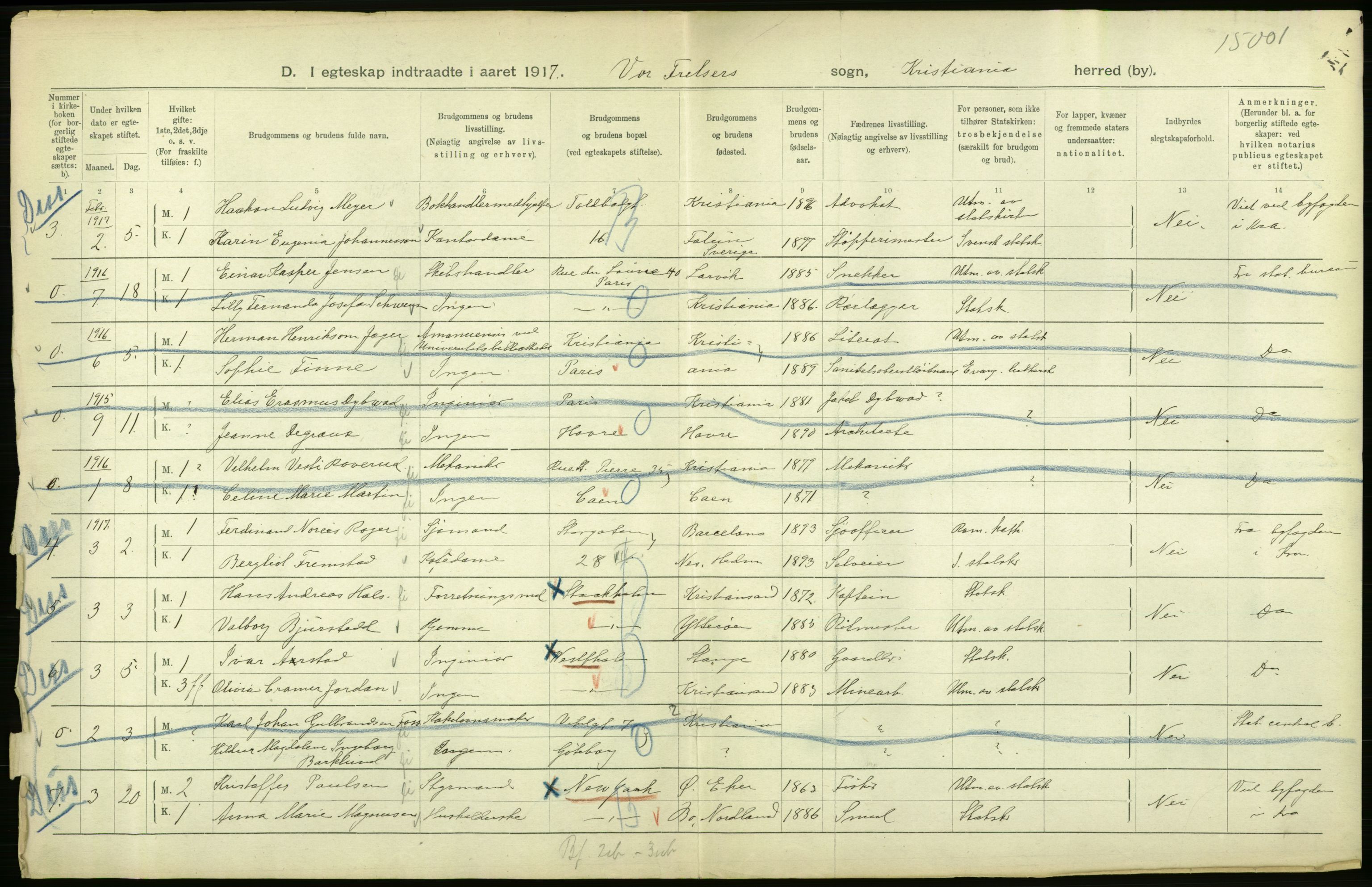 Statistisk sentralbyrå, Sosiodemografiske emner, Befolkning, AV/RA-S-2228/D/Df/Dfb/Dfbg/L0008: Kristiania: Gifte, 1917, s. 80