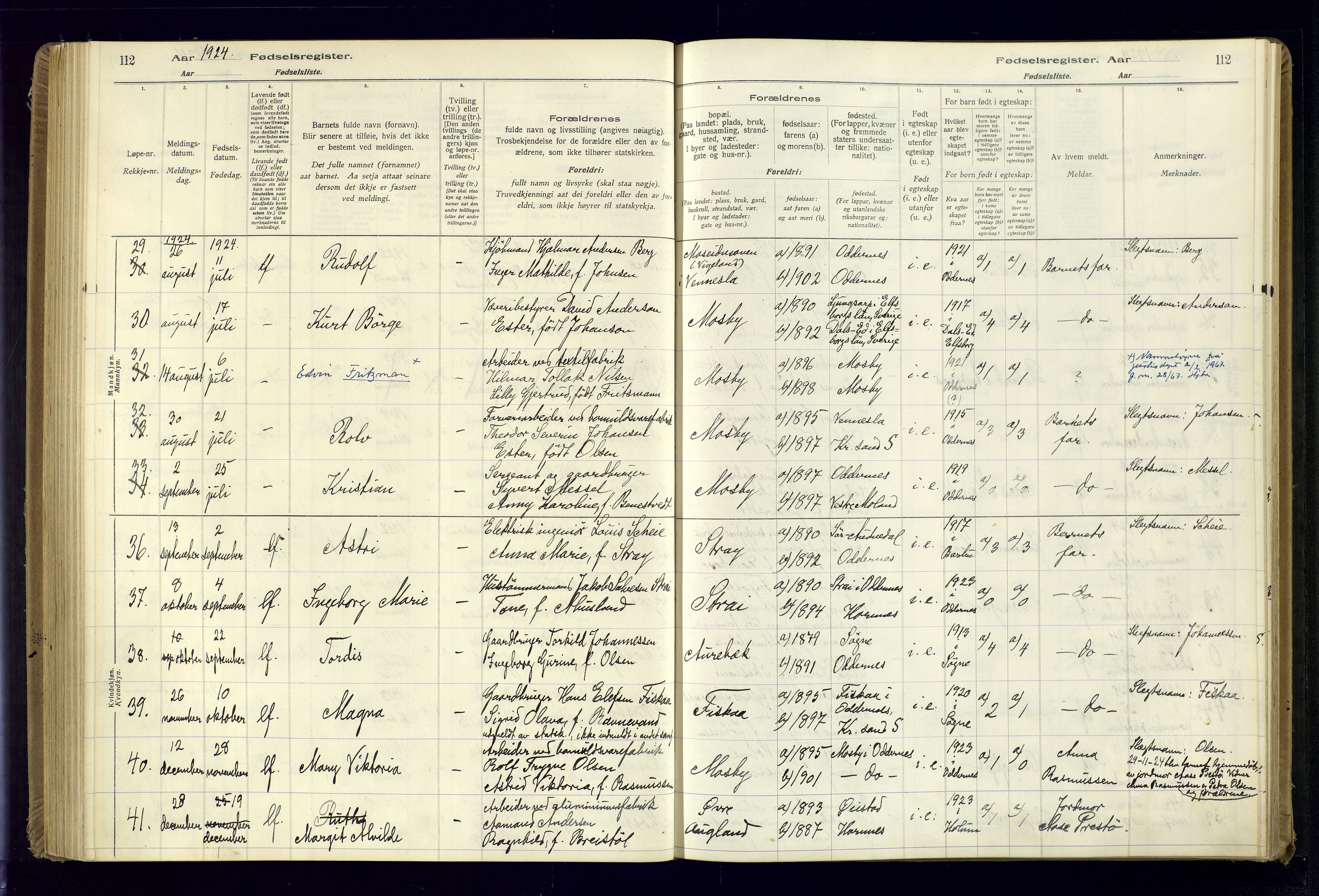 Oddernes sokneprestkontor, AV/SAK-1111-0033/J/Ja/L0001: Fødselsregister nr. 1, 1916-1935, s. 112