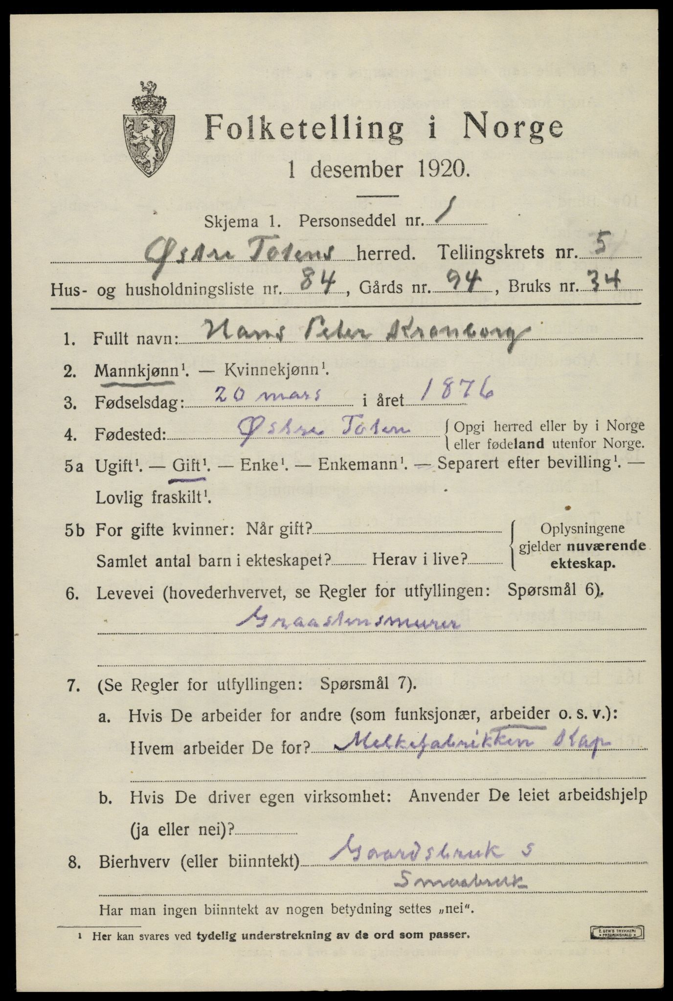 SAH, Folketelling 1920 for 0528 Østre Toten herred, 1920, s. 11688