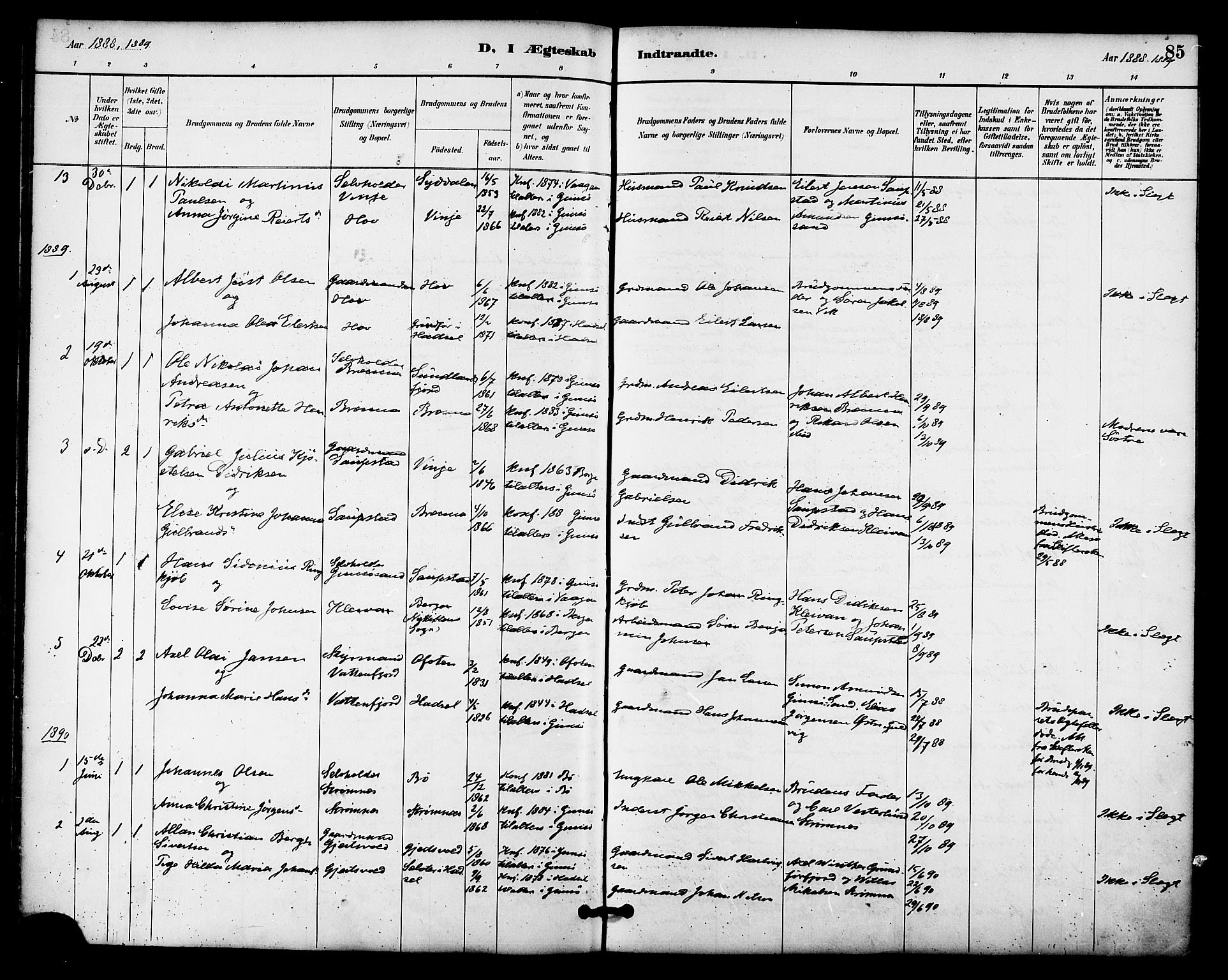 Ministerialprotokoller, klokkerbøker og fødselsregistre - Nordland, SAT/A-1459/876/L1097: Ministerialbok nr. 876A03, 1886-1896, s. 85