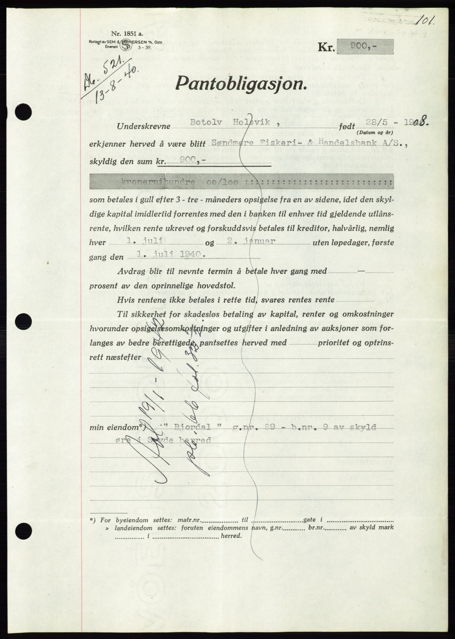 Søre Sunnmøre sorenskriveri, SAT/A-4122/1/2/2C/L0070: Pantebok nr. 64, 1940-1941, Dagboknr: 521/1940