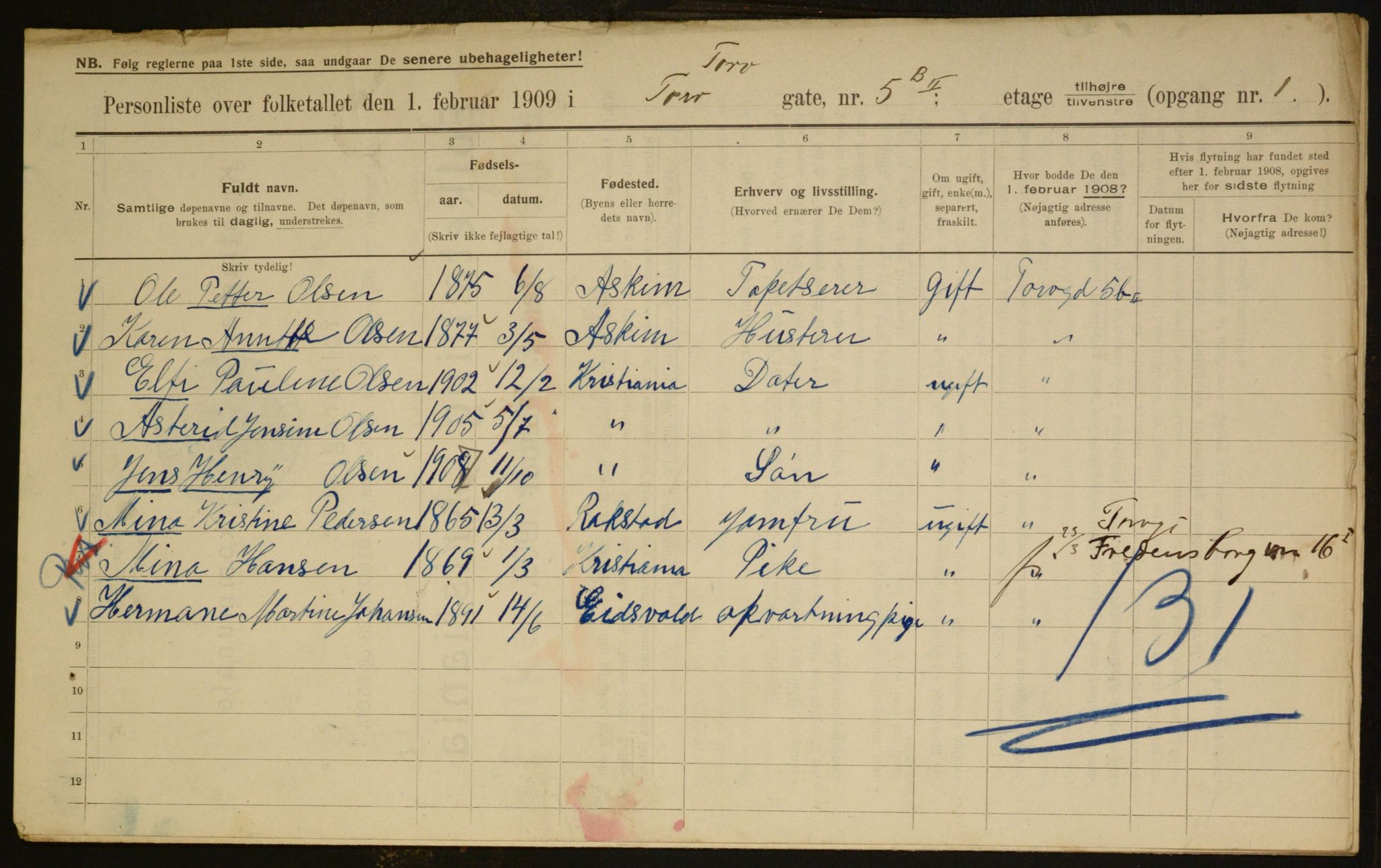 OBA, Kommunal folketelling 1.2.1909 for Kristiania kjøpstad, 1909, s. 103332