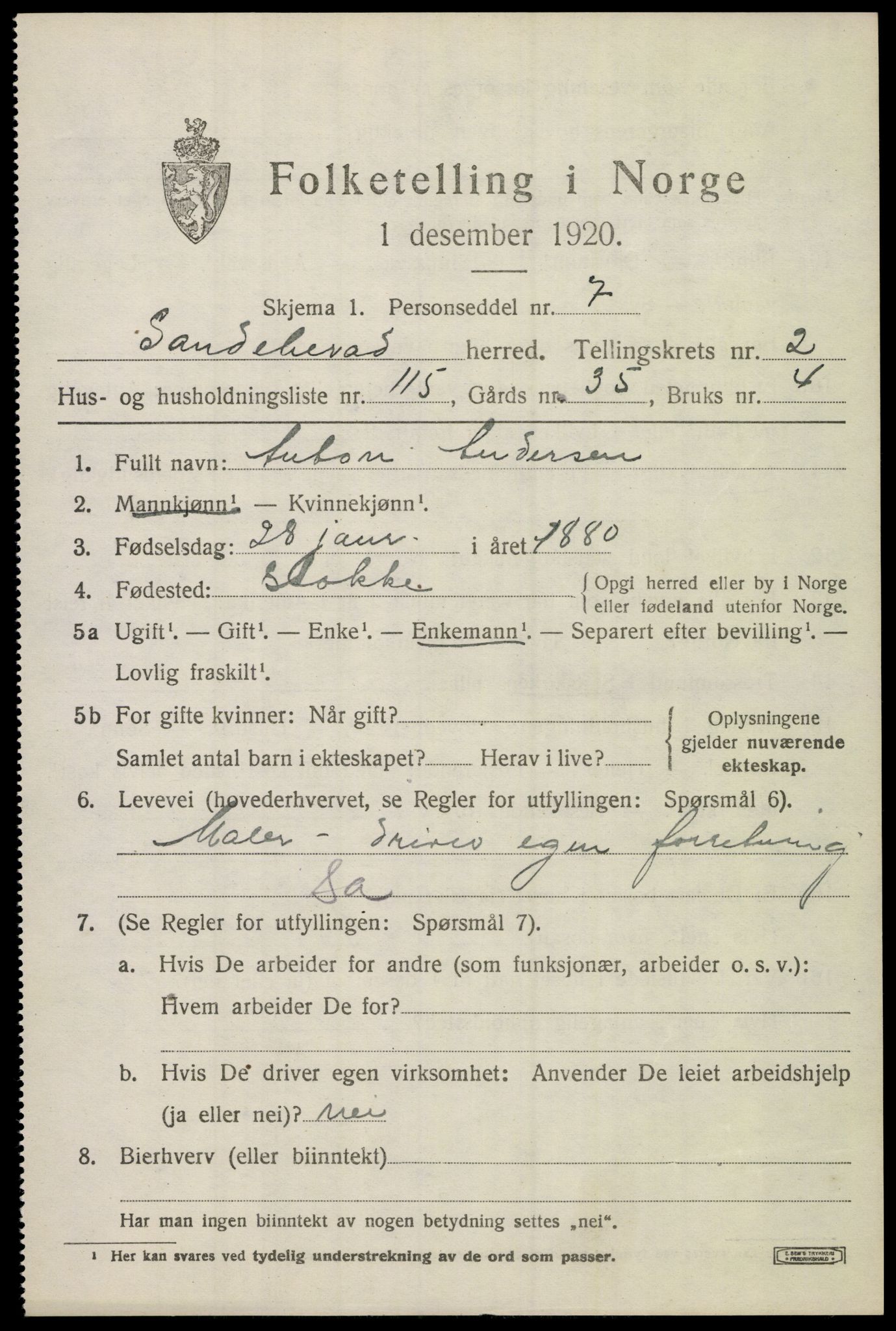 SAKO, Folketelling 1920 for 0724 Sandeherred herred, 1920, s. 5218