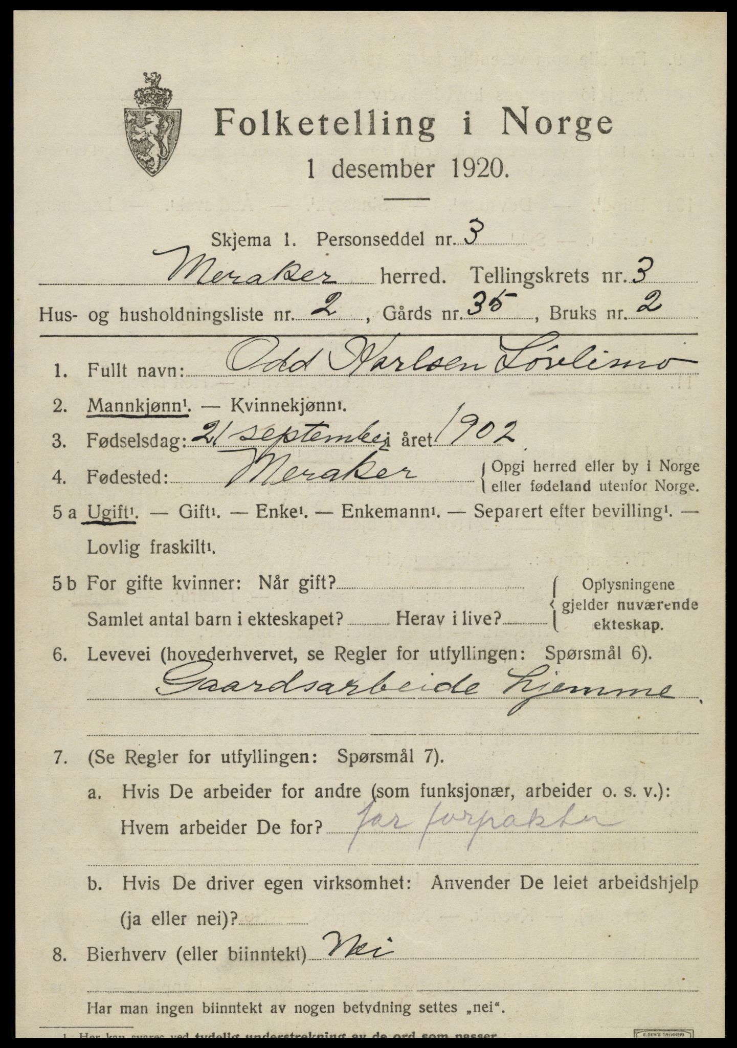 SAT, Folketelling 1920 for 1711 Meråker herred, 1920, s. 3108