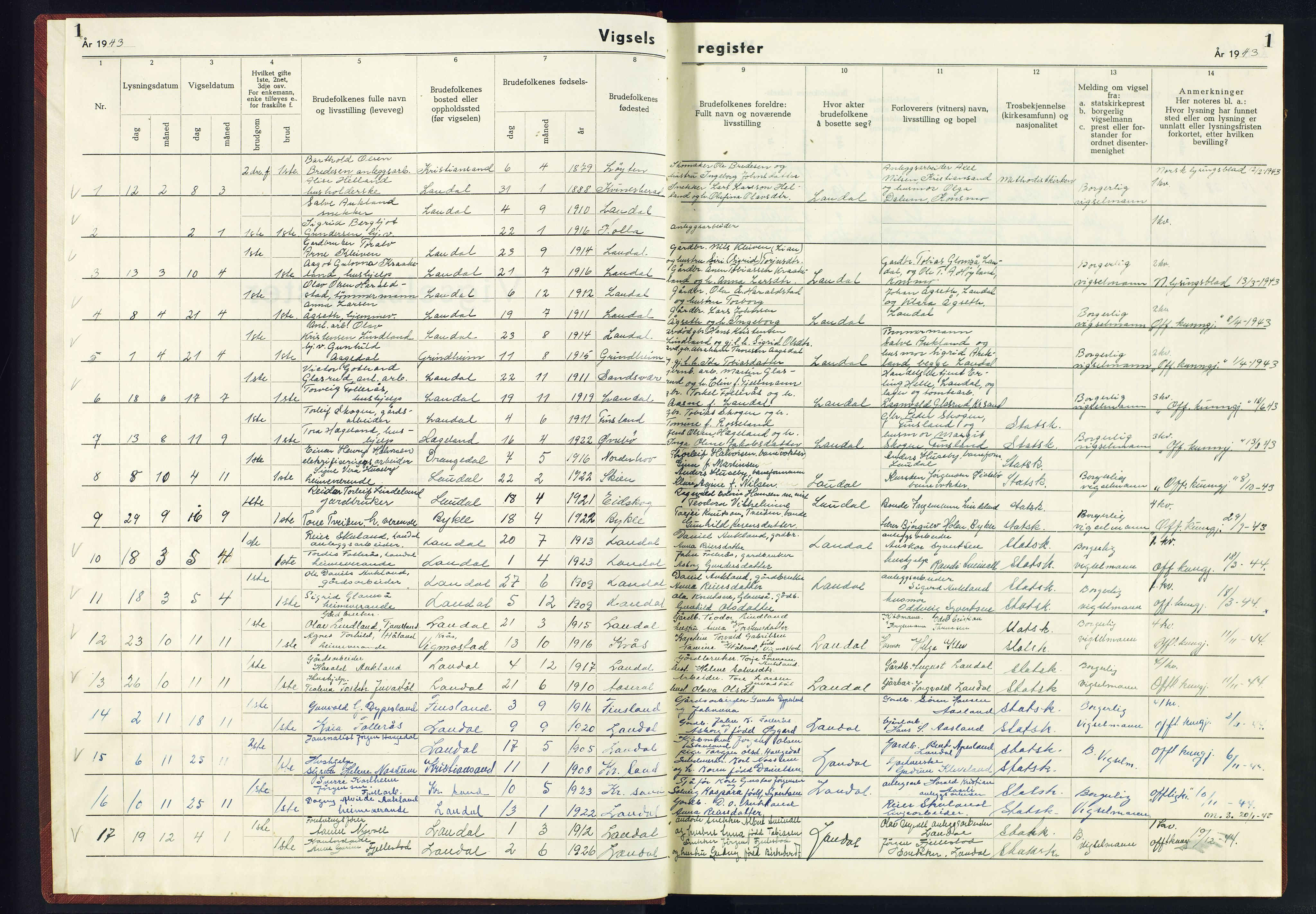 Holum sokneprestkontor, SAK/1111-0022/J/Jb/L0005: Vigselsregister nr. II.6.5, 1943-1945, s. 1