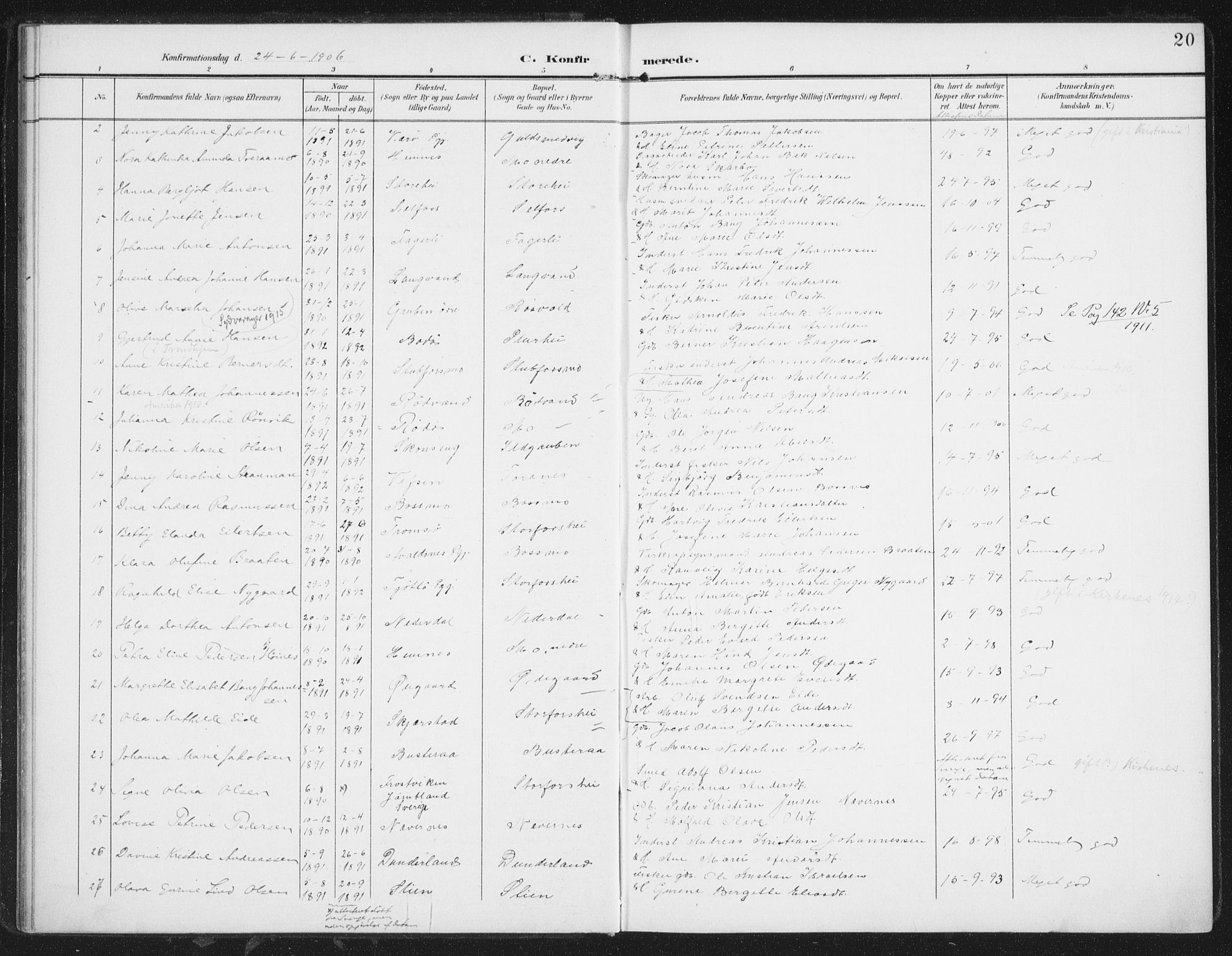 Ministerialprotokoller, klokkerbøker og fødselsregistre - Nordland, AV/SAT-A-1459/827/L0403: Ministerialbok nr. 827A15, 1903-1912, s. 20