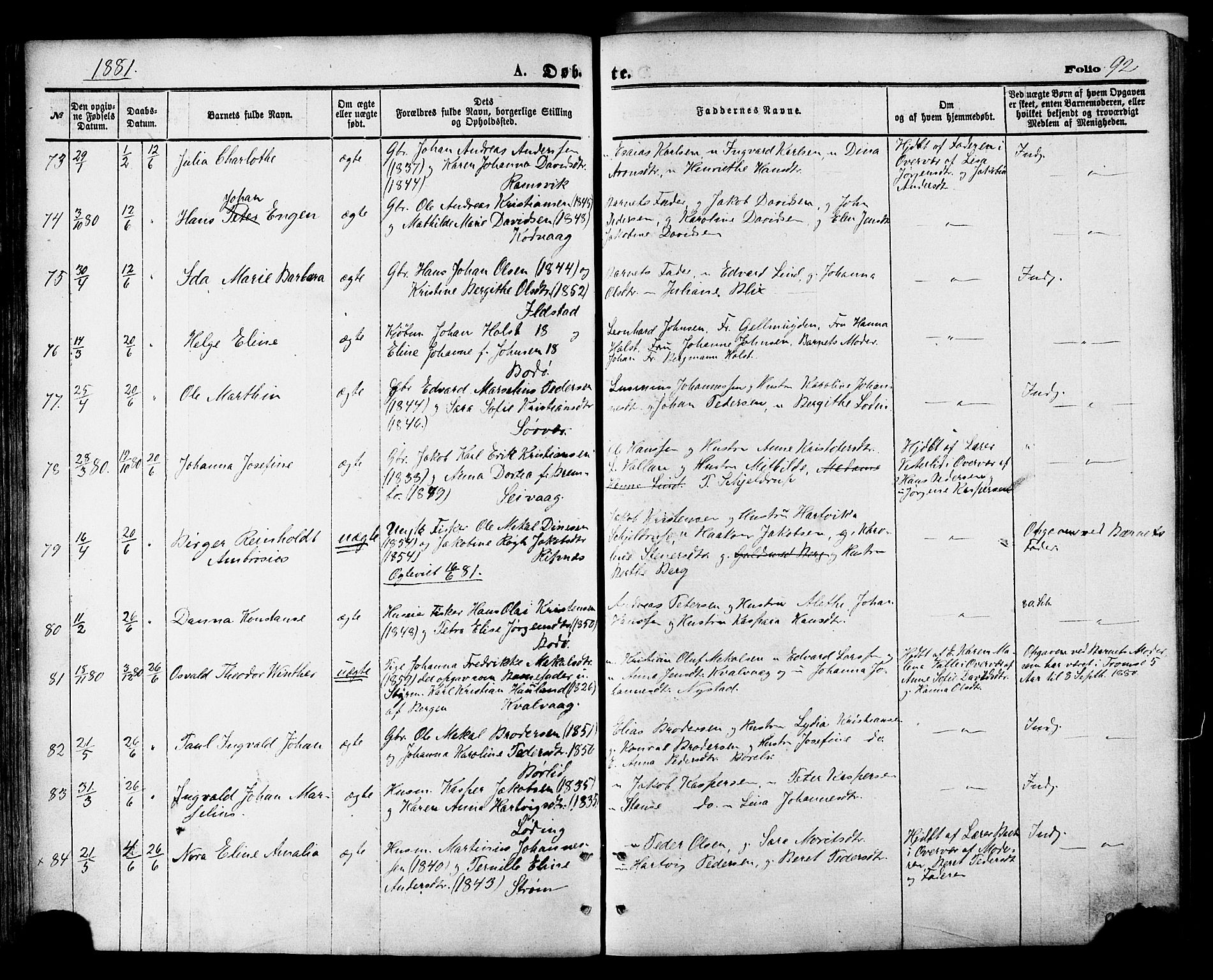 Ministerialprotokoller, klokkerbøker og fødselsregistre - Nordland, AV/SAT-A-1459/801/L0009: Ministerialbok nr. 801A09, 1876-1883, s. 92