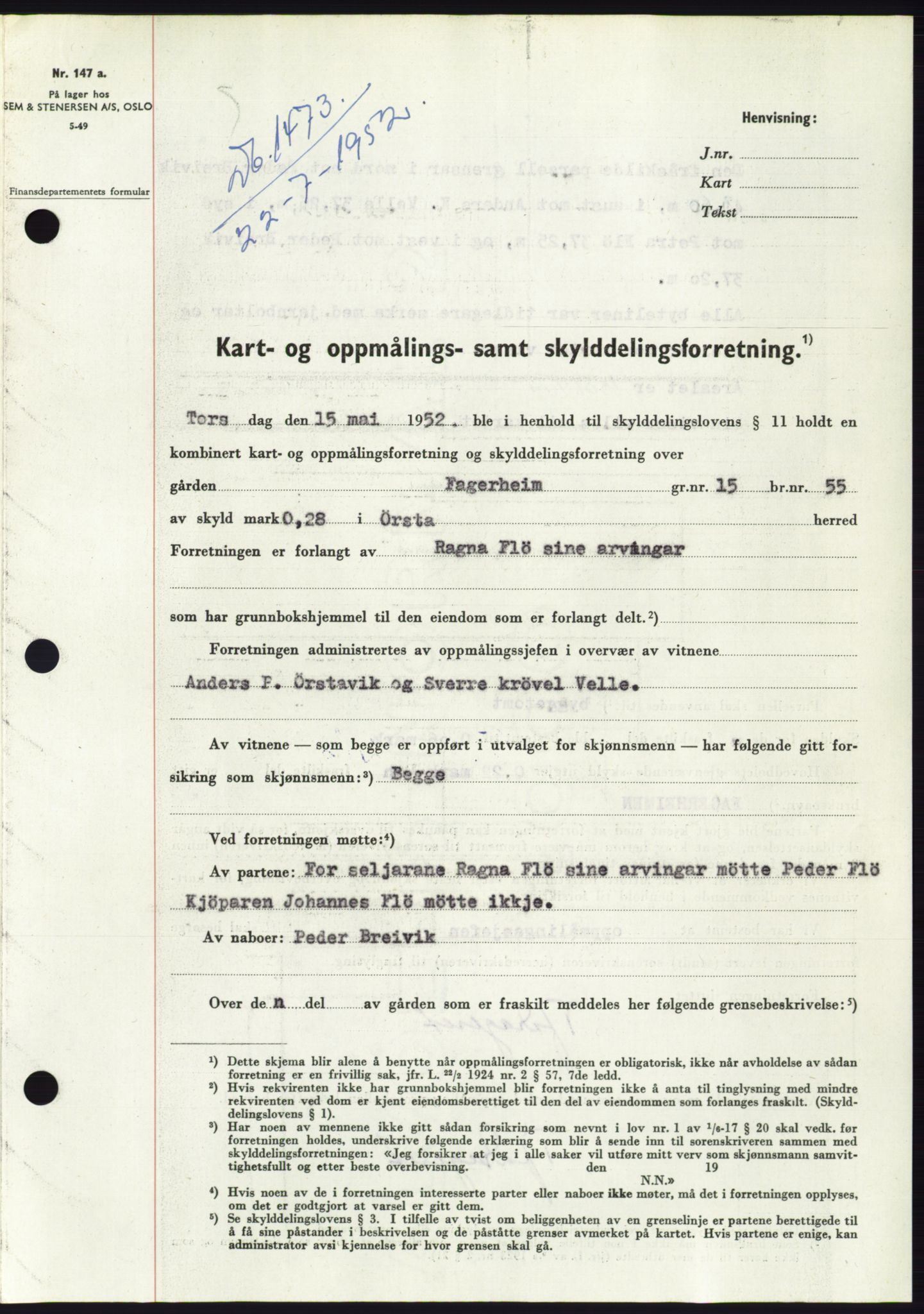 Søre Sunnmøre sorenskriveri, AV/SAT-A-4122/1/2/2C/L0092: Pantebok nr. 18A, 1952-1952, Dagboknr: 1473/1952