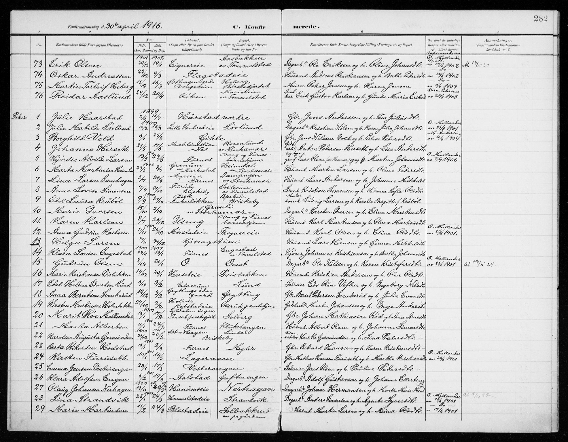 Vang prestekontor, Hedmark, AV/SAH-PREST-008/H/Ha/Haa/L0021: Ministerialbok nr. 21, 1902-1917, s. 282