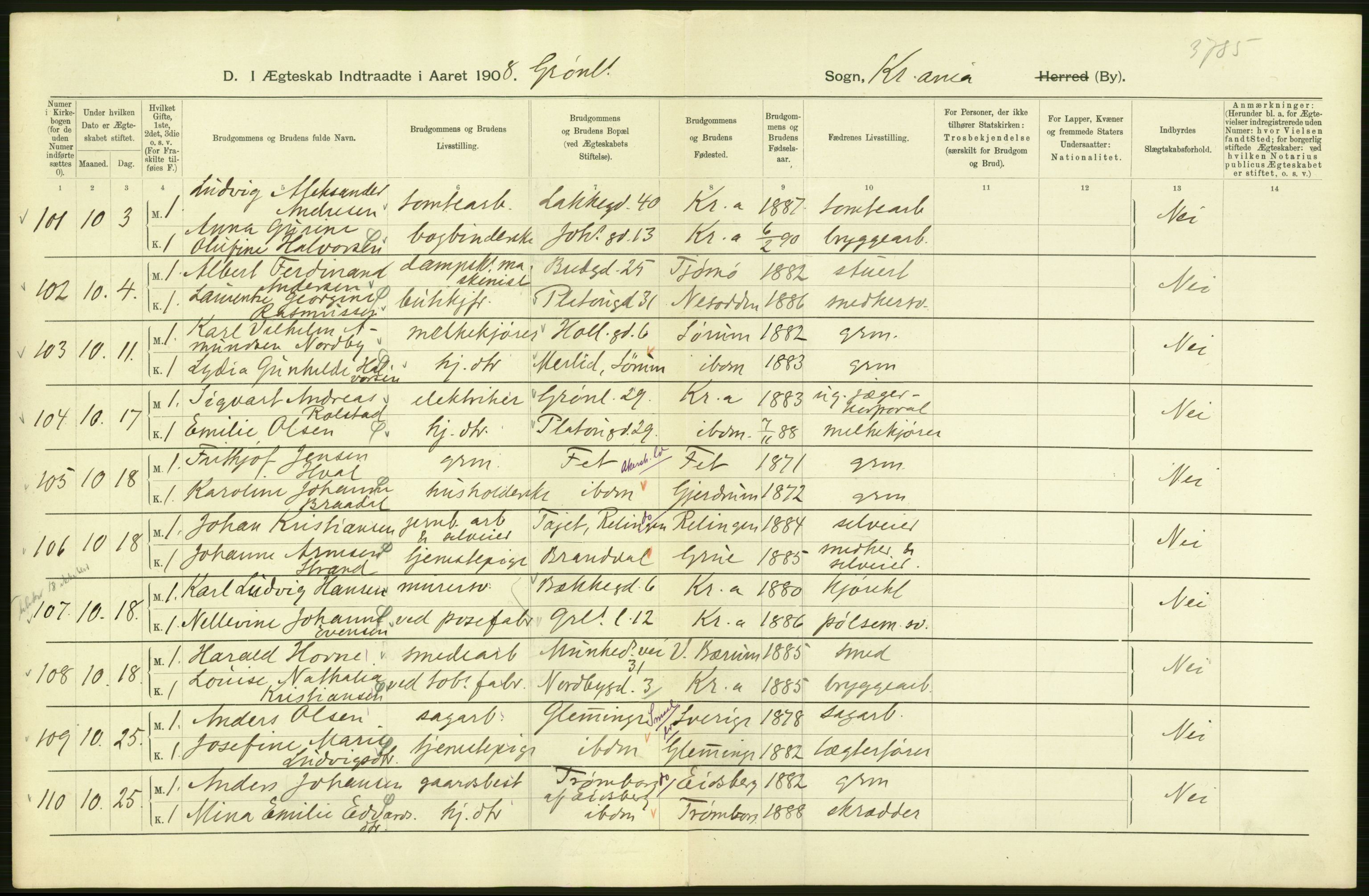 Statistisk sentralbyrå, Sosiodemografiske emner, Befolkning, AV/RA-S-2228/D/Df/Dfa/Dfaf/L0007: Kristiania: Gifte, 1908, s. 108