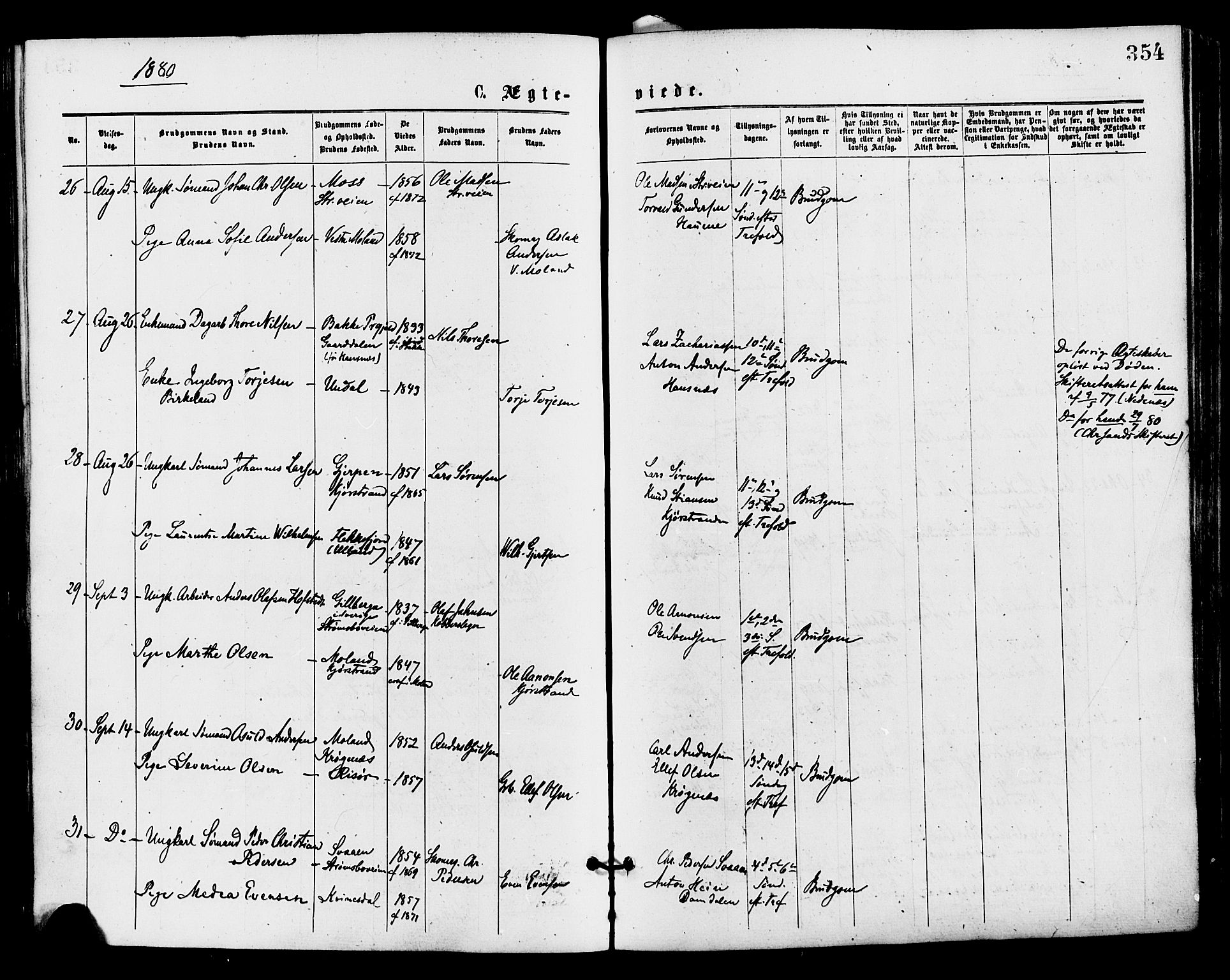 Barbu sokneprestkontor, AV/SAK-1111-0003/F/Fa/L0001: Ministerialbok nr. A 1 /1, 1878-1883, s. 354