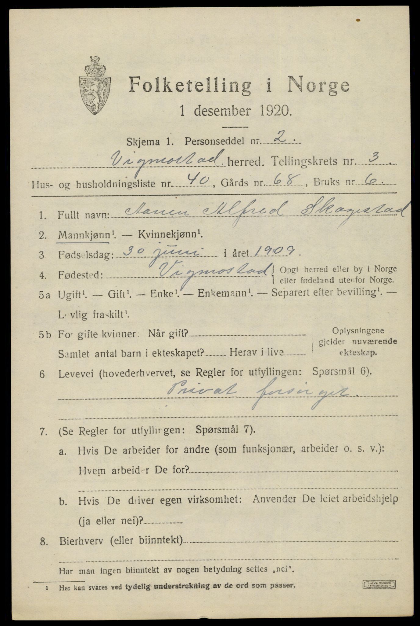 SAK, Folketelling 1920 for 1028 Vigmostad herred, 1920, s. 1159
