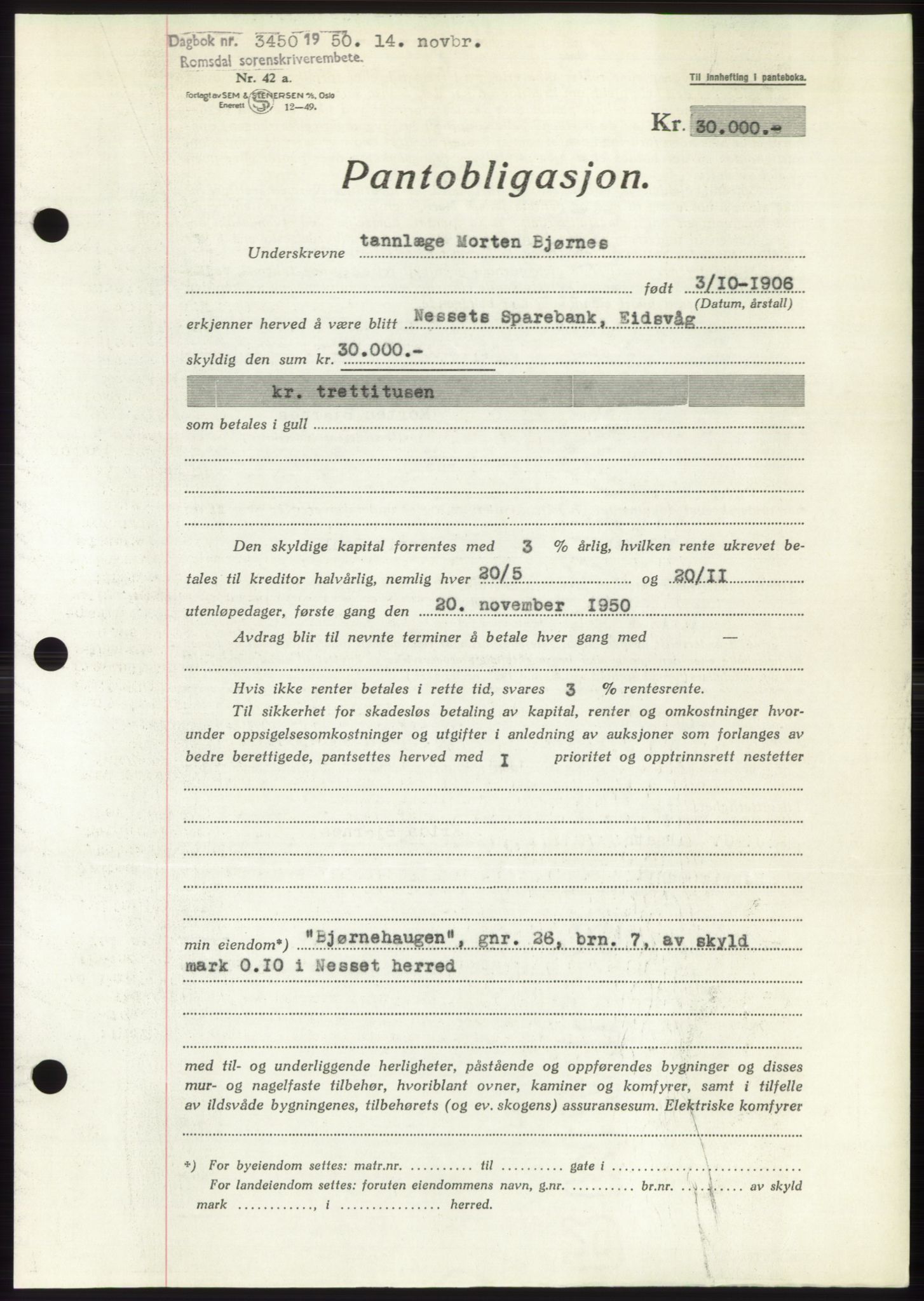 Romsdal sorenskriveri, AV/SAT-A-4149/1/2/2C: Pantebok nr. B5, 1949-1950, Dagboknr: 3450/1950