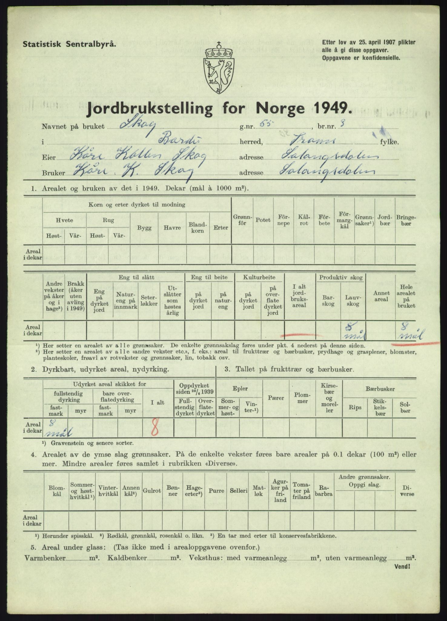 Statistisk sentralbyrå, Næringsøkonomiske emner, Jordbruk, skogbruk, jakt, fiske og fangst, AV/RA-S-2234/G/Gc/L0438: Troms: Salangen og Bardu, 1949, s. 922