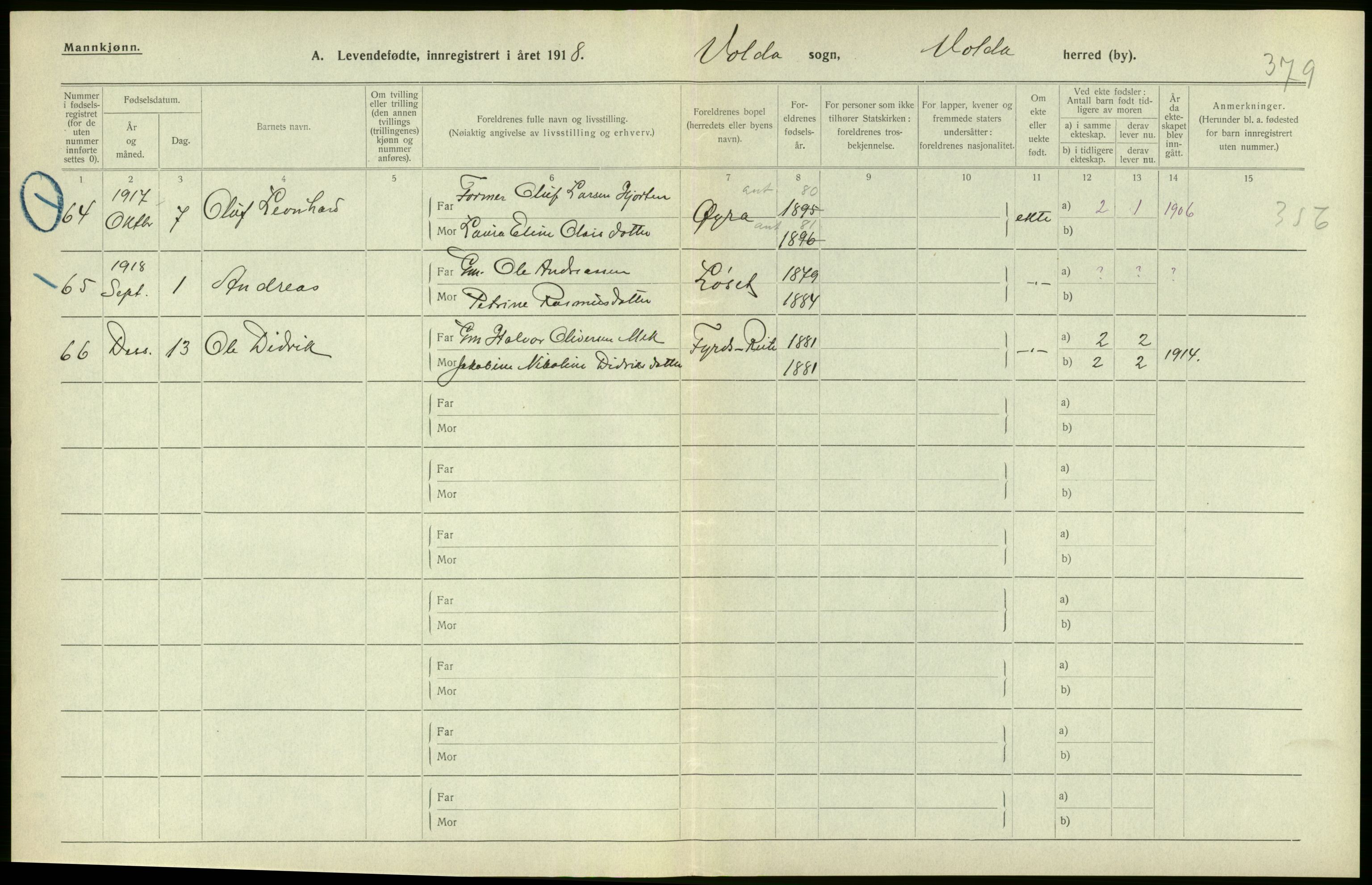 Statistisk sentralbyrå, Sosiodemografiske emner, Befolkning, RA/S-2228/D/Df/Dfb/Dfbh/L0043: Møre fylke: Levendefødte menn og kvinner. Bygder., 1918, s. 214