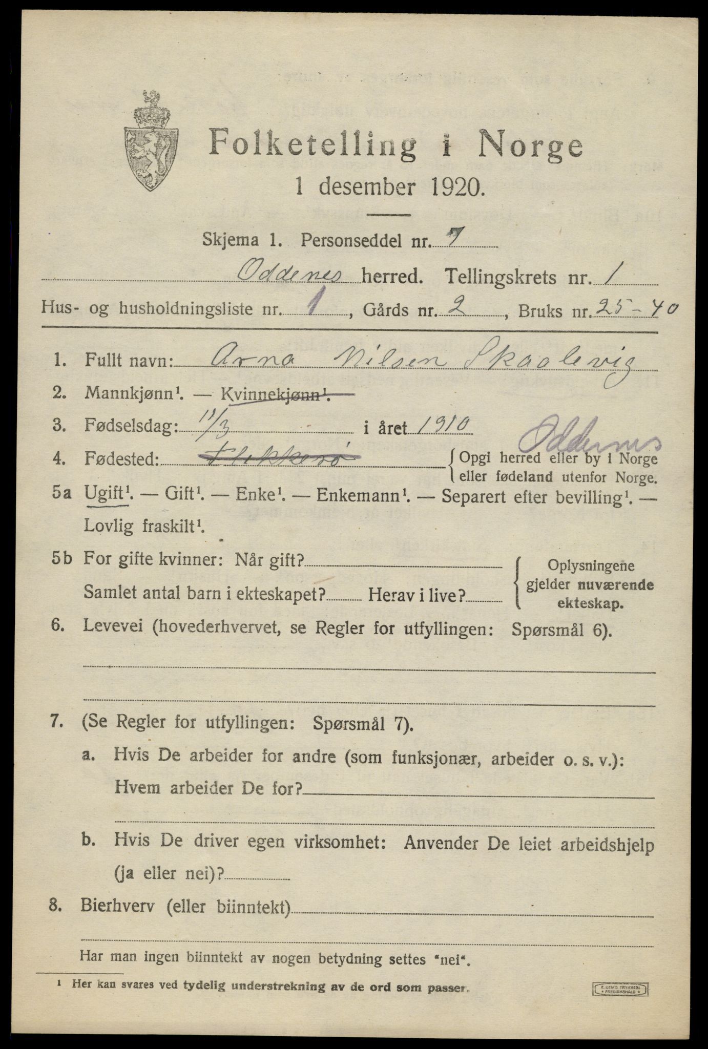 SAK, Folketelling 1920 for 1012 Oddernes herred, 1920, s. 2009