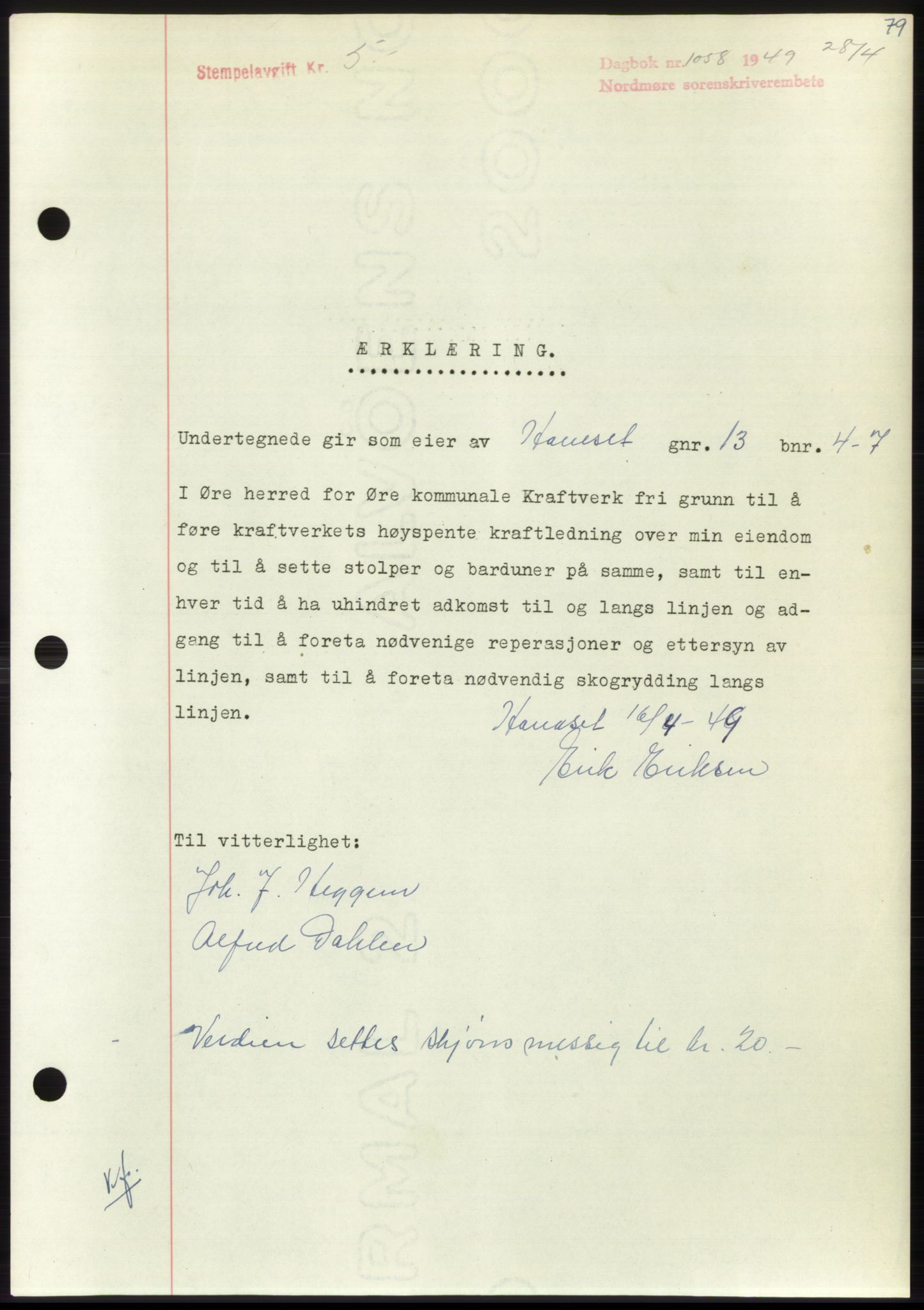Nordmøre sorenskriveri, SAT/A-4132/1/2/2Ca: Pantebok nr. B101, 1949-1949, Dagboknr: 1058/1949