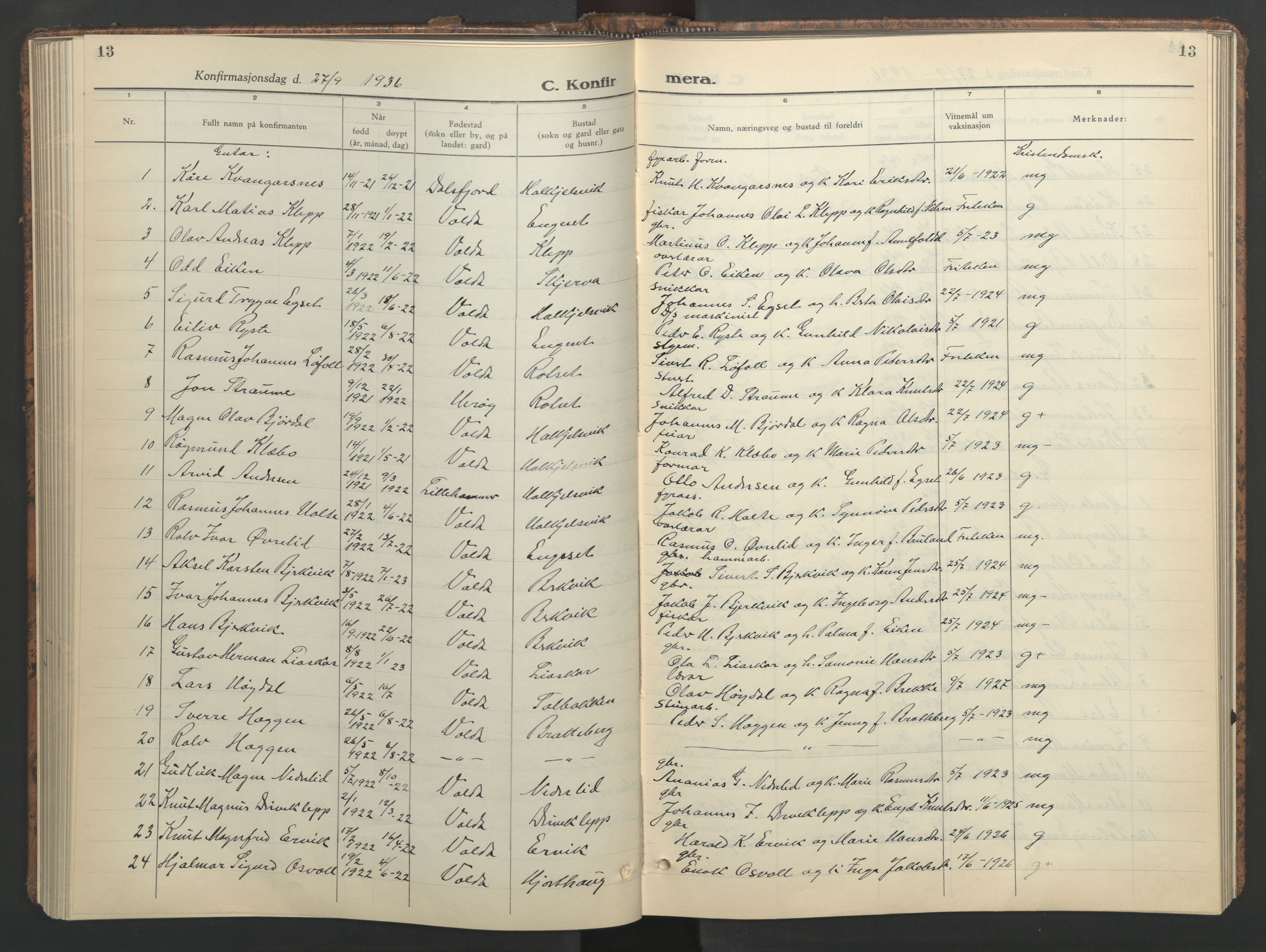Ministerialprotokoller, klokkerbøker og fødselsregistre - Møre og Romsdal, AV/SAT-A-1454/511/L0161: Klokkerbok nr. 511C07, 1933-1948, s. 13