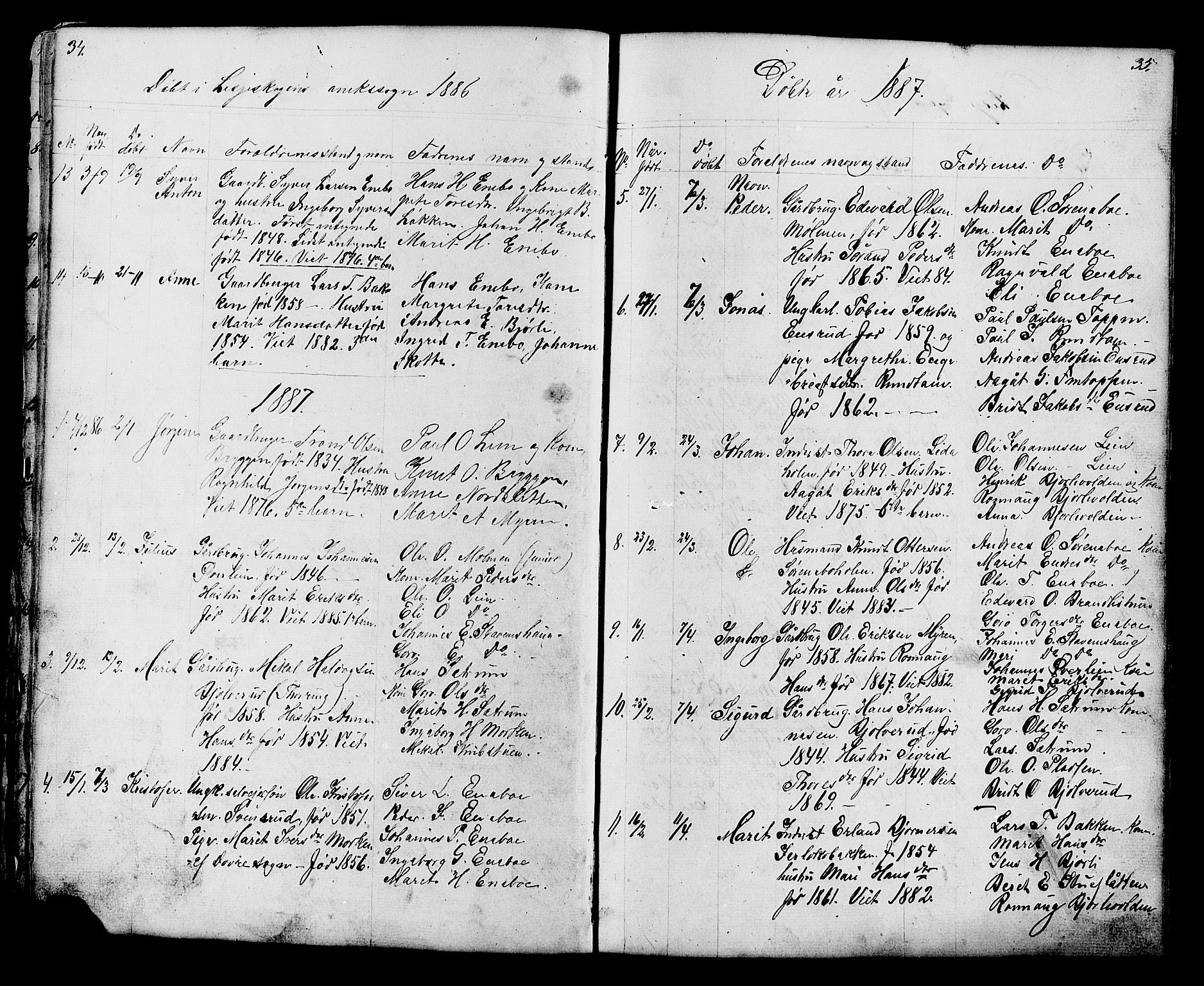 Lesja prestekontor, AV/SAH-PREST-068/H/Ha/Hab/L0006: Klokkerbok nr. 6, 1871-1904, s. 34-35