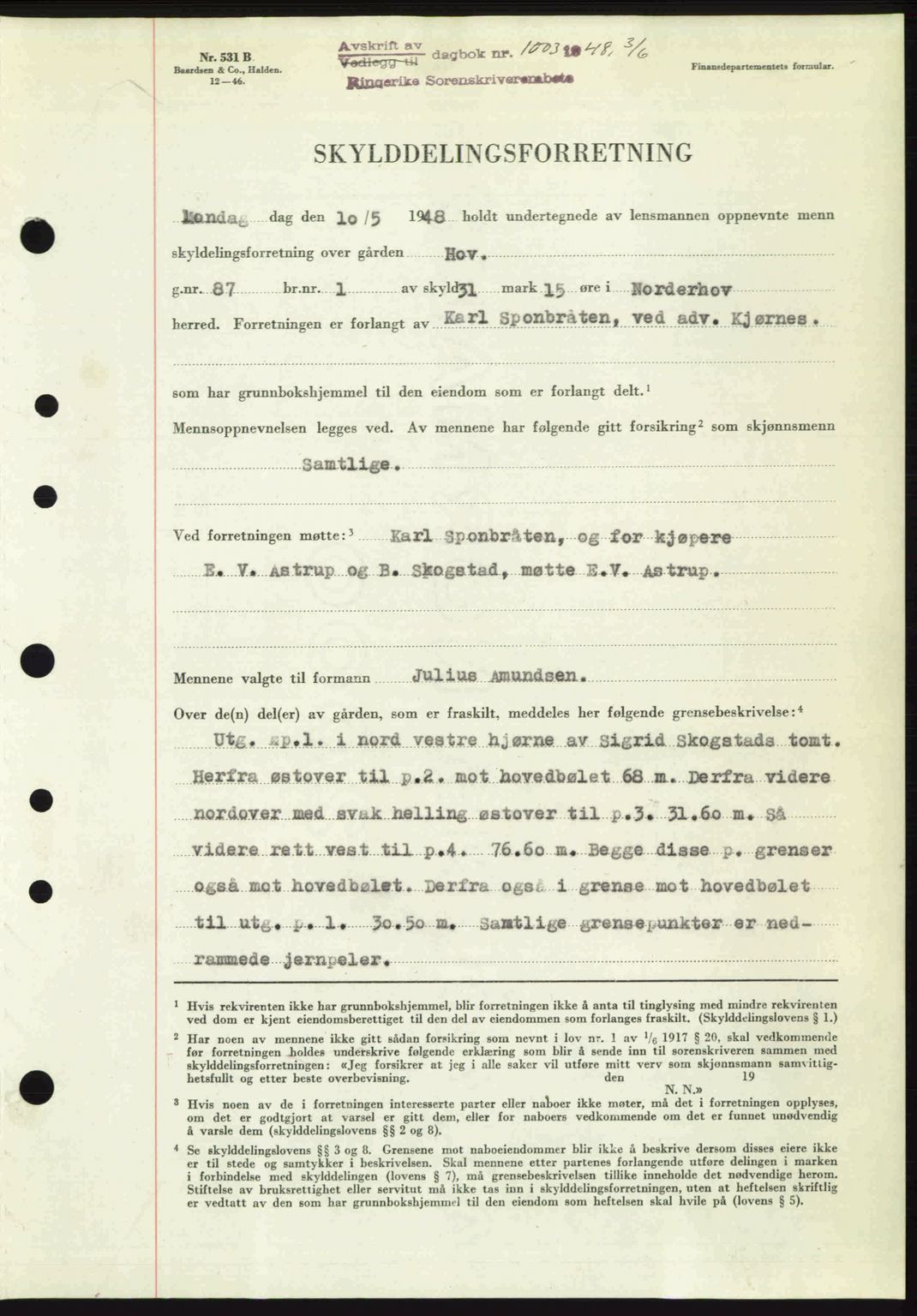 Ringerike sorenskriveri, SAKO/A-105/G/Ga/Gab/L0088: Pantebok nr. A-19, 1948-1948, Dagboknr: 1003/1948