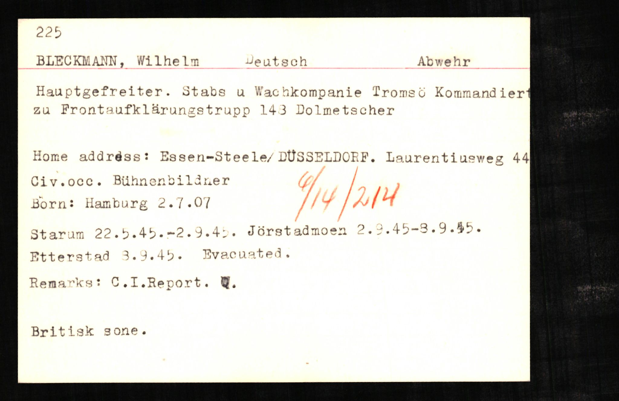 Forsvaret, Forsvarets overkommando II, RA/RAFA-3915/D/Db/L0003: CI Questionaires. Tyske okkupasjonsstyrker i Norge. Tyskere., 1945-1946, s. 311