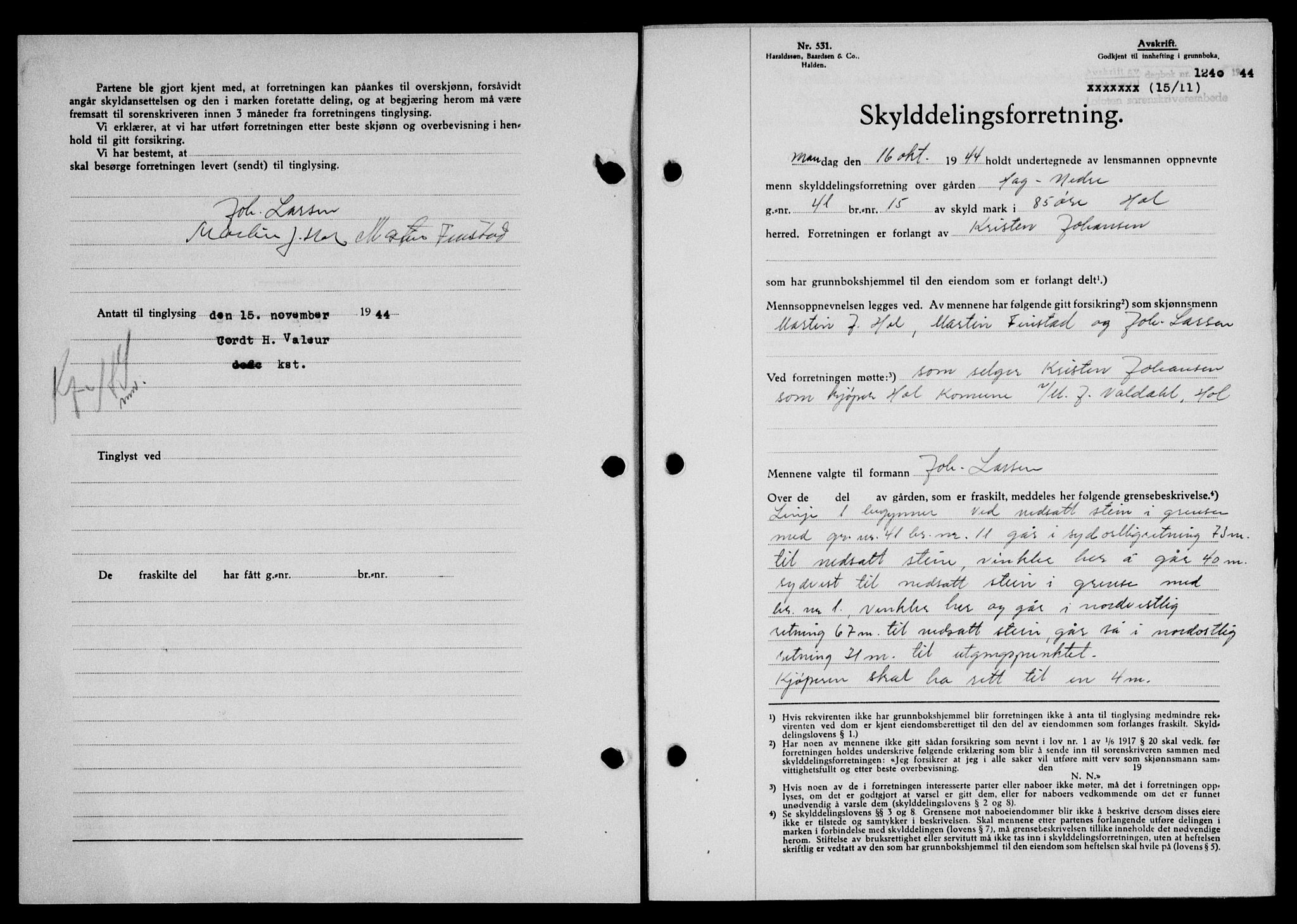 Lofoten sorenskriveri, SAT/A-0017/1/2/2C/L0012a: Pantebok nr. 12a, 1943-1944, Dagboknr: 1240/1944