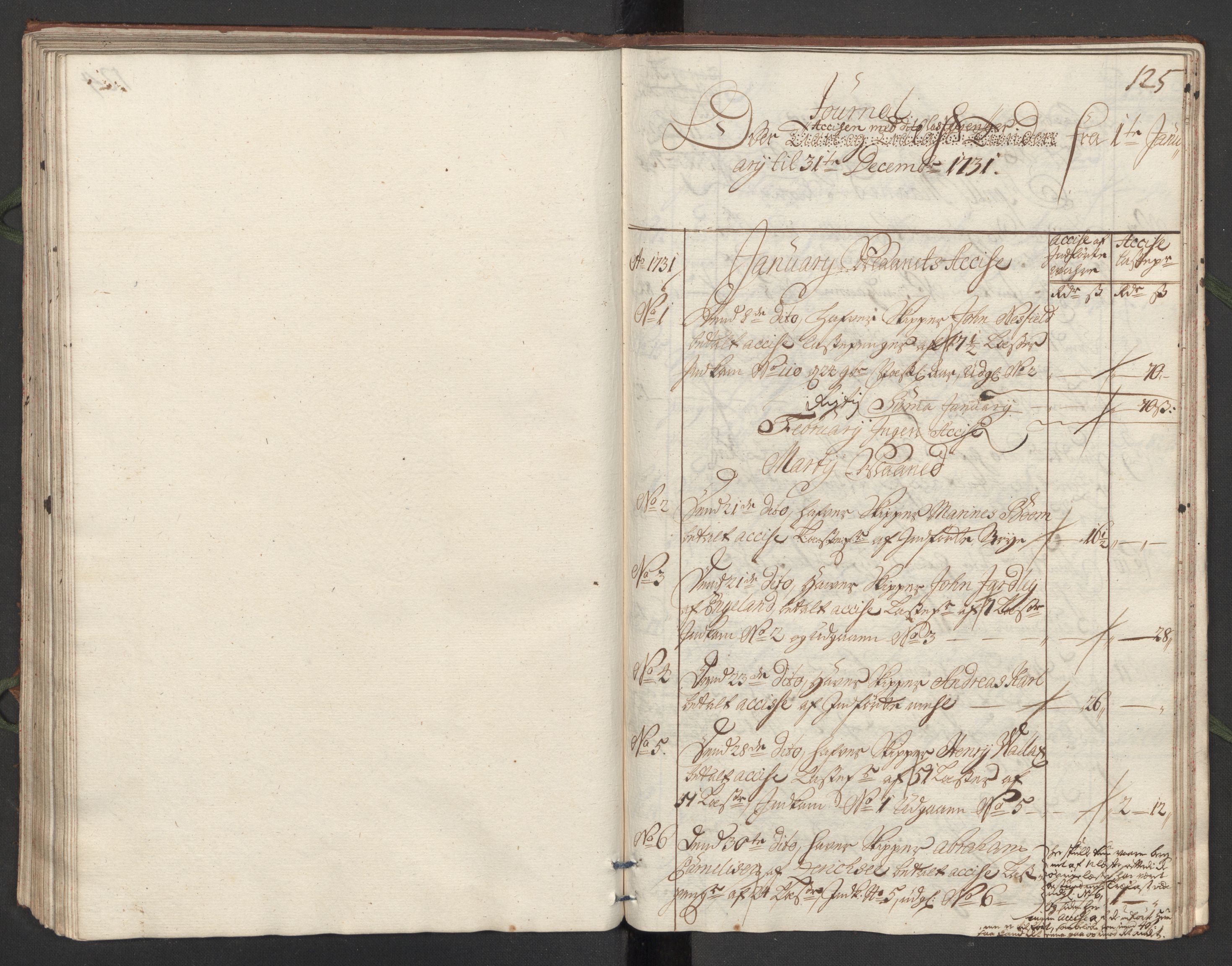 Generaltollkammeret, tollregnskaper, RA/EA-5490/R24/L0008/0001: Tollregnskaper Sunnhordland / Hovedtollbok, 1731, s. 124b-125a