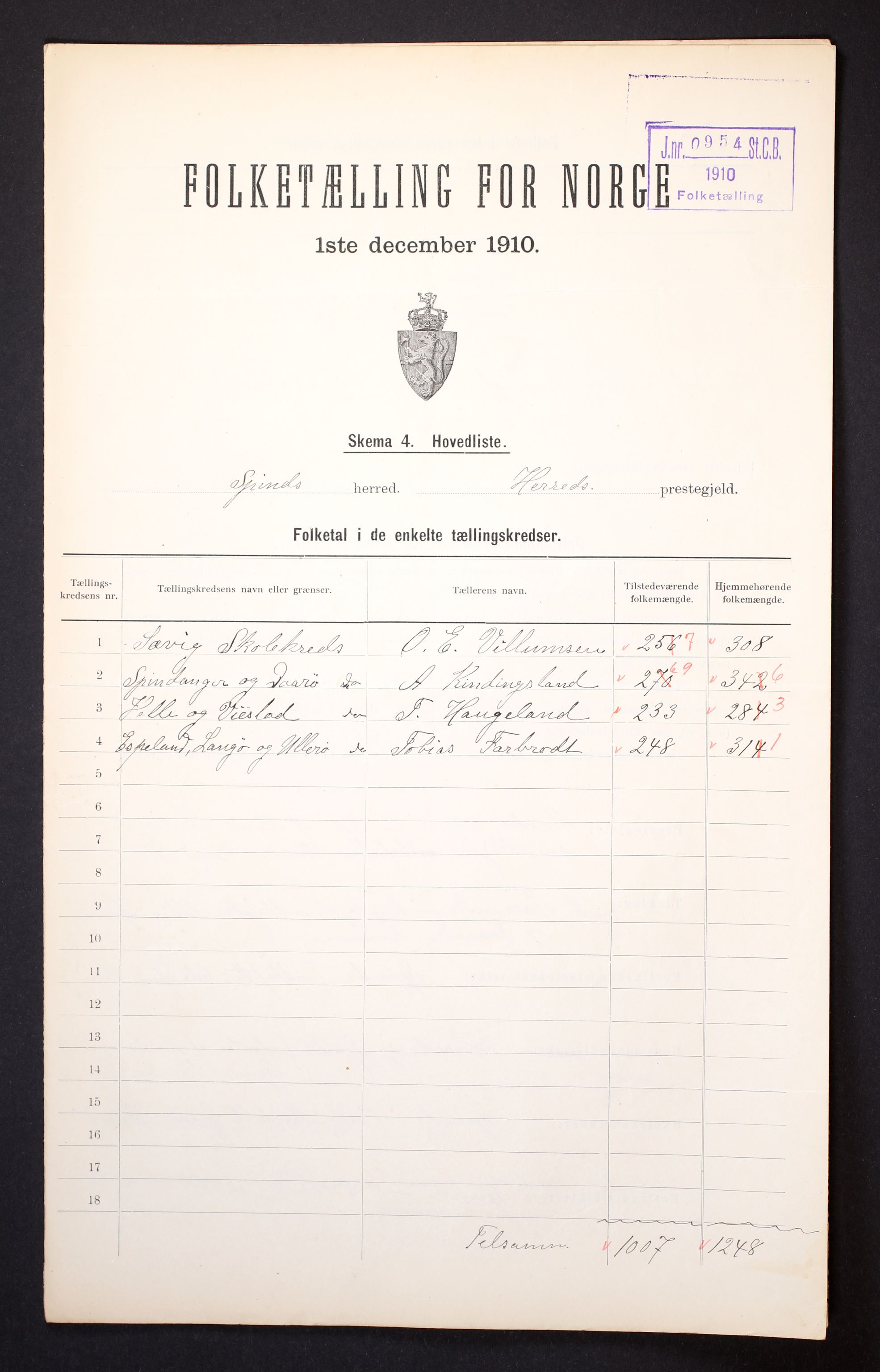 RA, Folketelling 1910 for 1040 Spind herred, 1910, s. 2