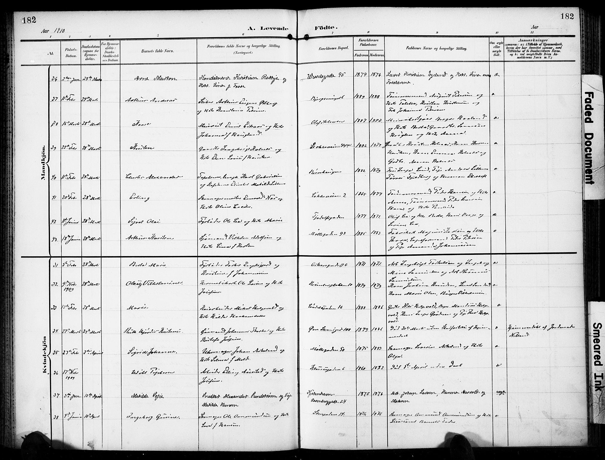 Domkirken sokneprestkontor, AV/SAST-A-101812/001/30/30BB/L0018: Klokkerbok nr. B 18, 1903-1915, s. 182