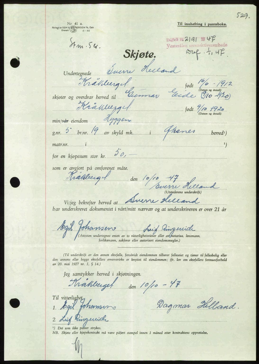 Vesterålen sorenskriveri, SAT/A-4180/1/2/2Ca: Pantebok nr. A21, 1947-1947, Dagboknr: 2191/1947