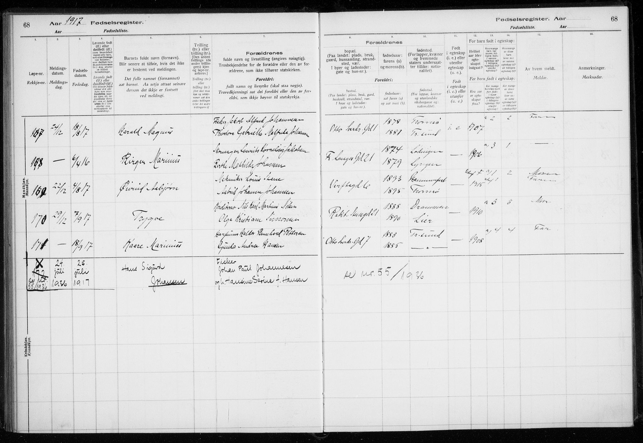 Tromsø sokneprestkontor/stiftsprosti/domprosti, AV/SATØ-S-1343/H/Ha/L0131: Fødselsregister nr. 131, 1916-1921, s. 68