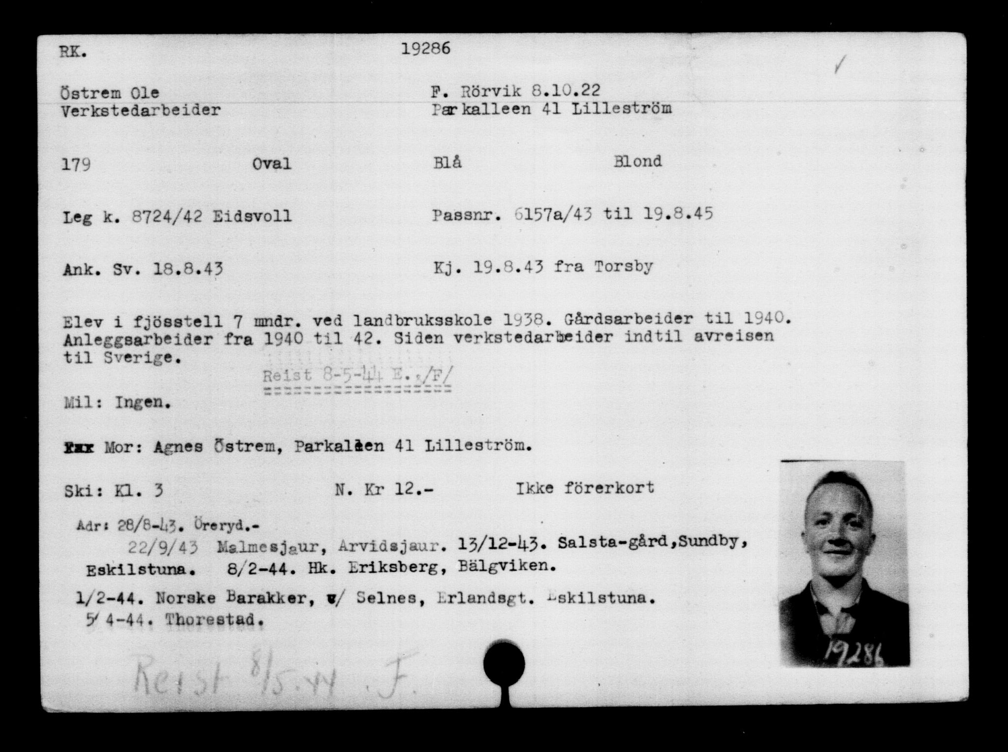 Utenriksstasjonene, Legasjonen i Stockholm, Flyktningkontoret, AV/RA-S-6753/V/Va/L0009: Kjesäterkartoteket, flyktninger med registreringsnr. 18502-22048, 1940-1945, s. 923