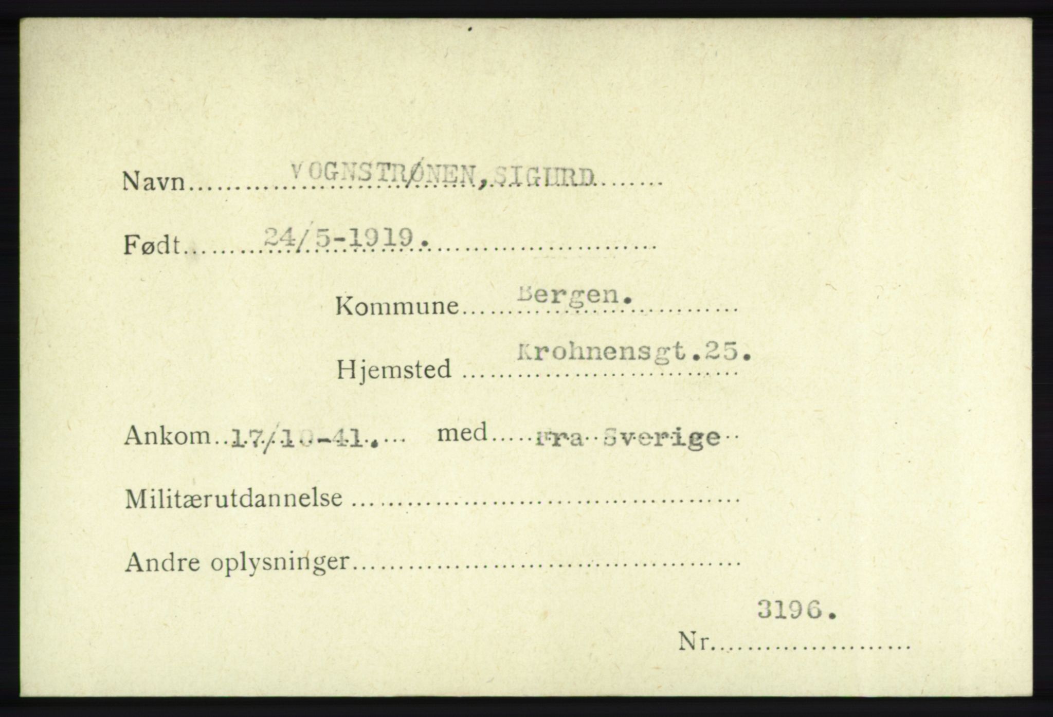 Forsvarets Overkommando. 2. kontor. Arkiv 8.1. Mottakersentralen FDE og FO.II, RA/RAFA-6952/P/Pa/L0021: Vognstrønen - Øysteinsen , 1940-1945