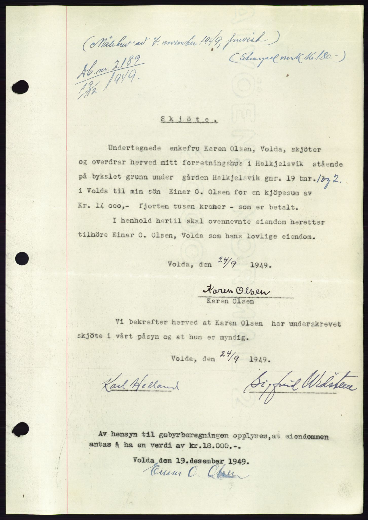 Søre Sunnmøre sorenskriveri, AV/SAT-A-4122/1/2/2C/L0085: Pantebok nr. 11A, 1949-1949, Dagboknr: 2189/1949