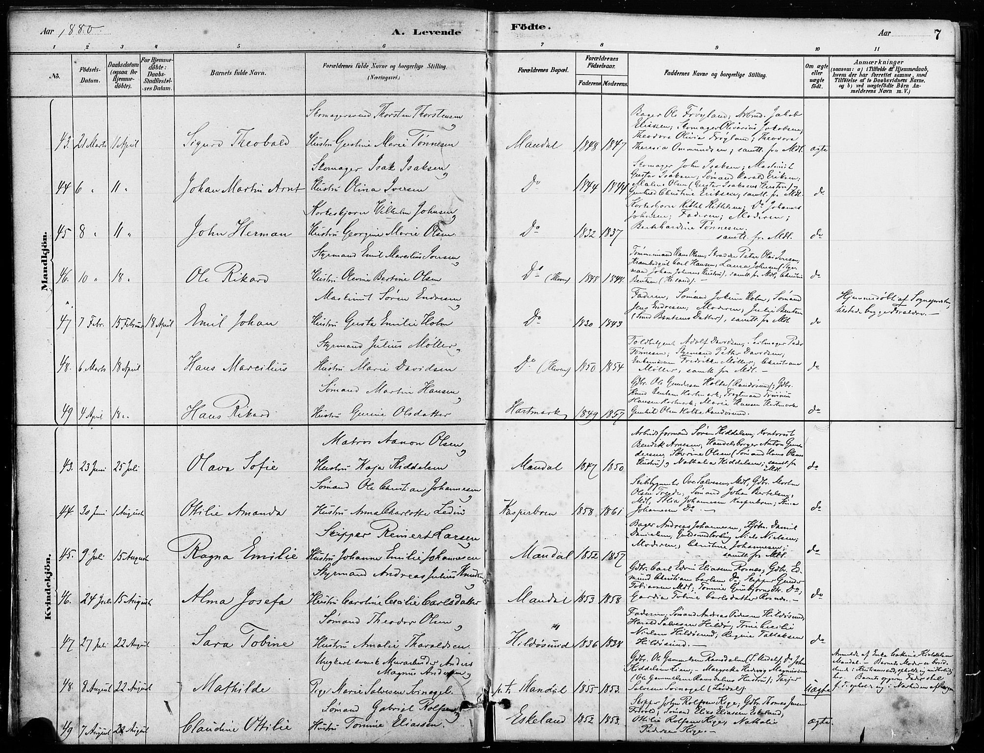 Mandal sokneprestkontor, AV/SAK-1111-0030/F/Fa/Faa/L0016: Ministerialbok nr. A 16, 1880-1890, s. 7