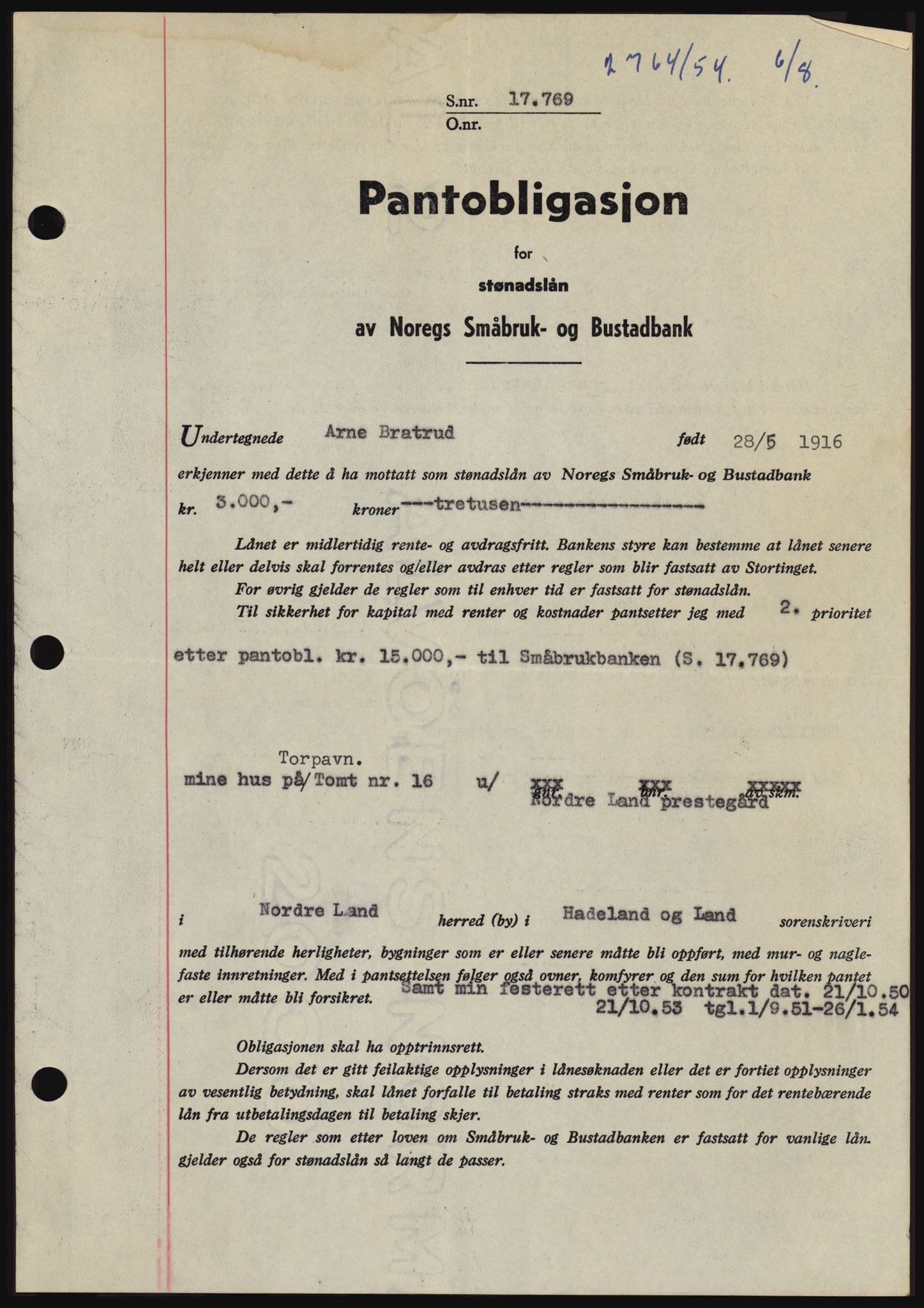 Hadeland og Land tingrett, SAH/TING-010/H/Hb/Hbc/L0030: Pantebok nr. B30, 1954-1954, Dagboknr: 2764/1954