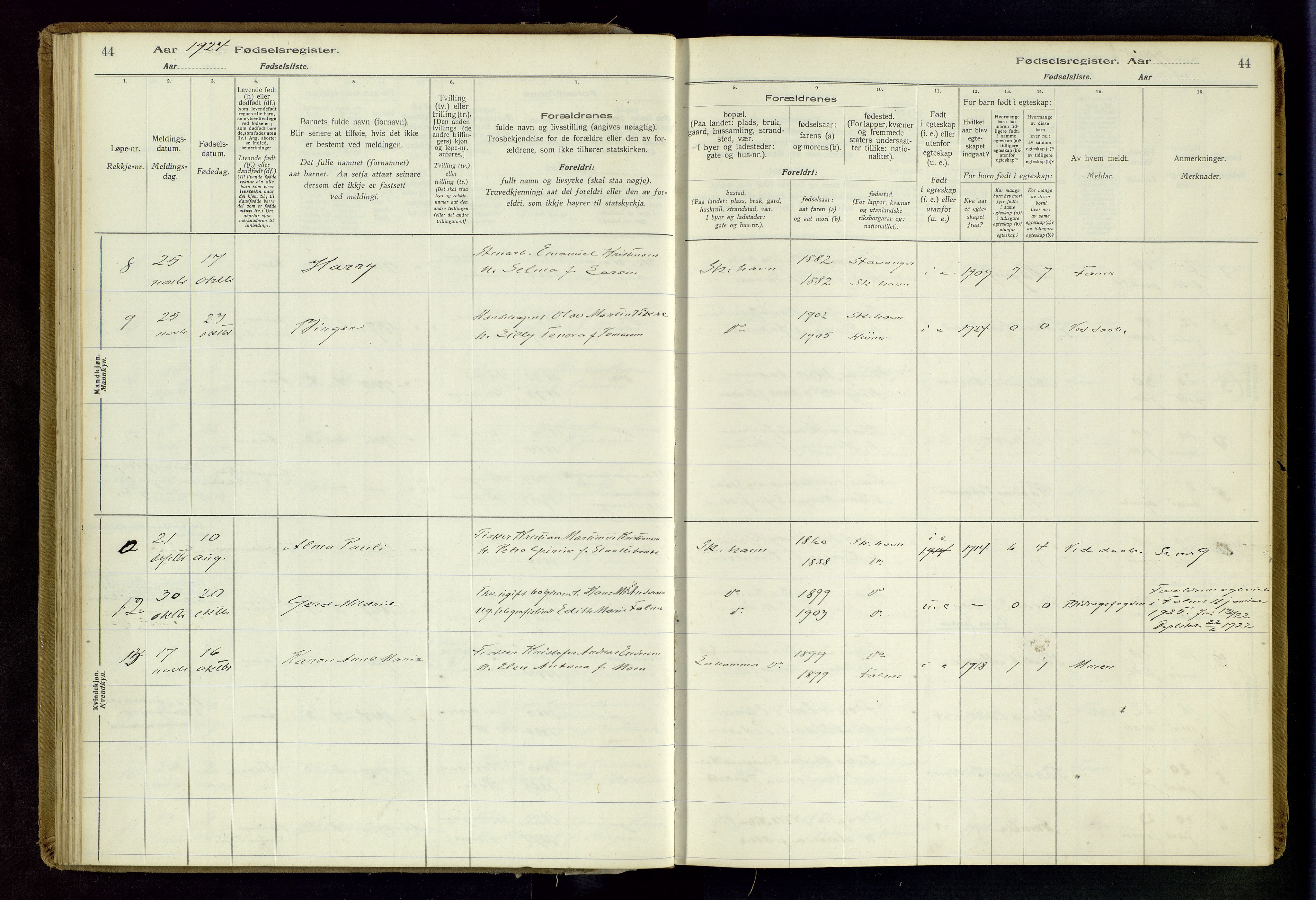 Skudenes sokneprestkontor, AV/SAST-A -101849/I/Id/L0003: Fødselsregister nr. 3, 1916-1964, s. 44