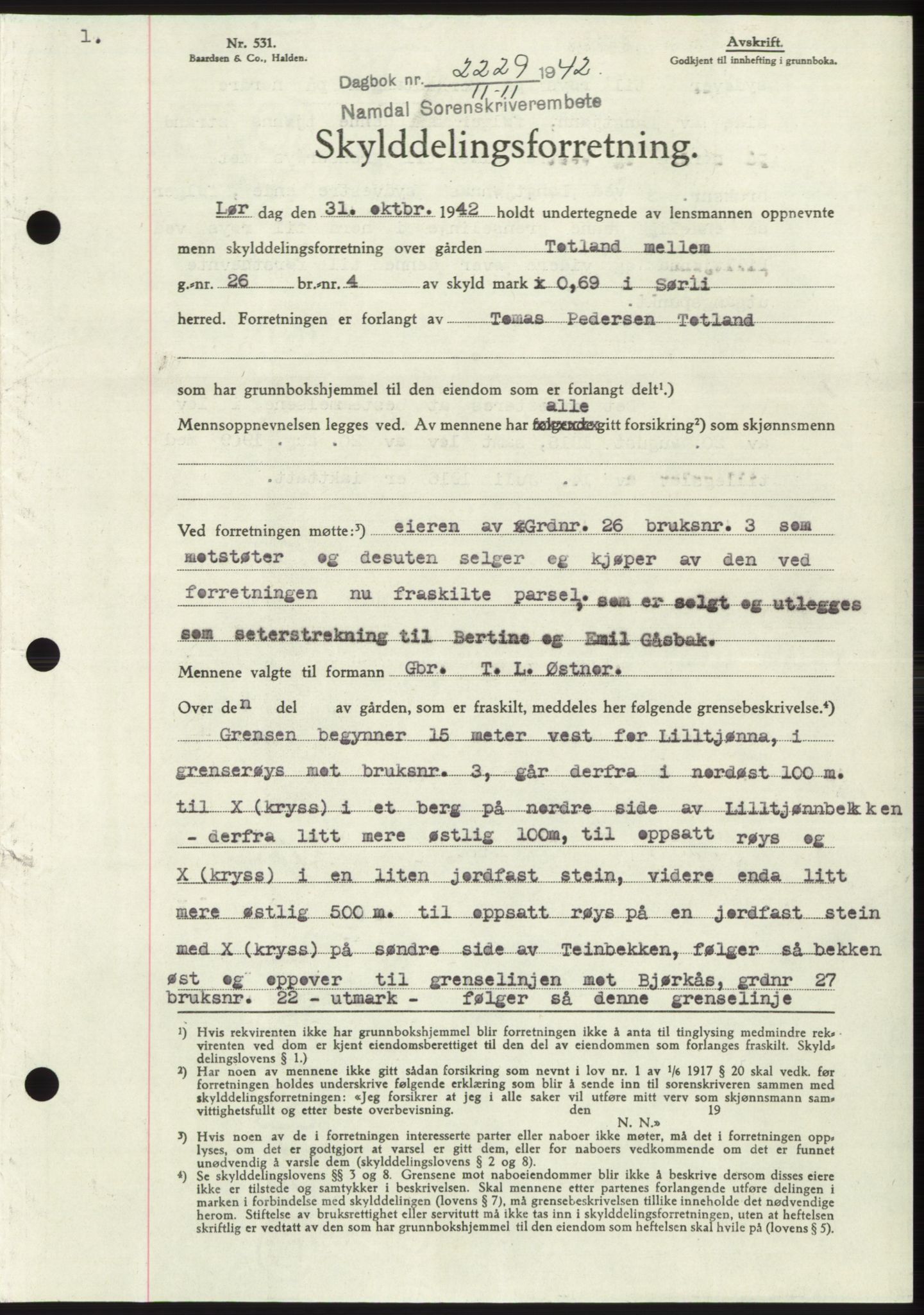 Namdal sorenskriveri, SAT/A-4133/1/2/2C: Pantebok nr. -, 1942-1943, Dagboknr: 2229/1942