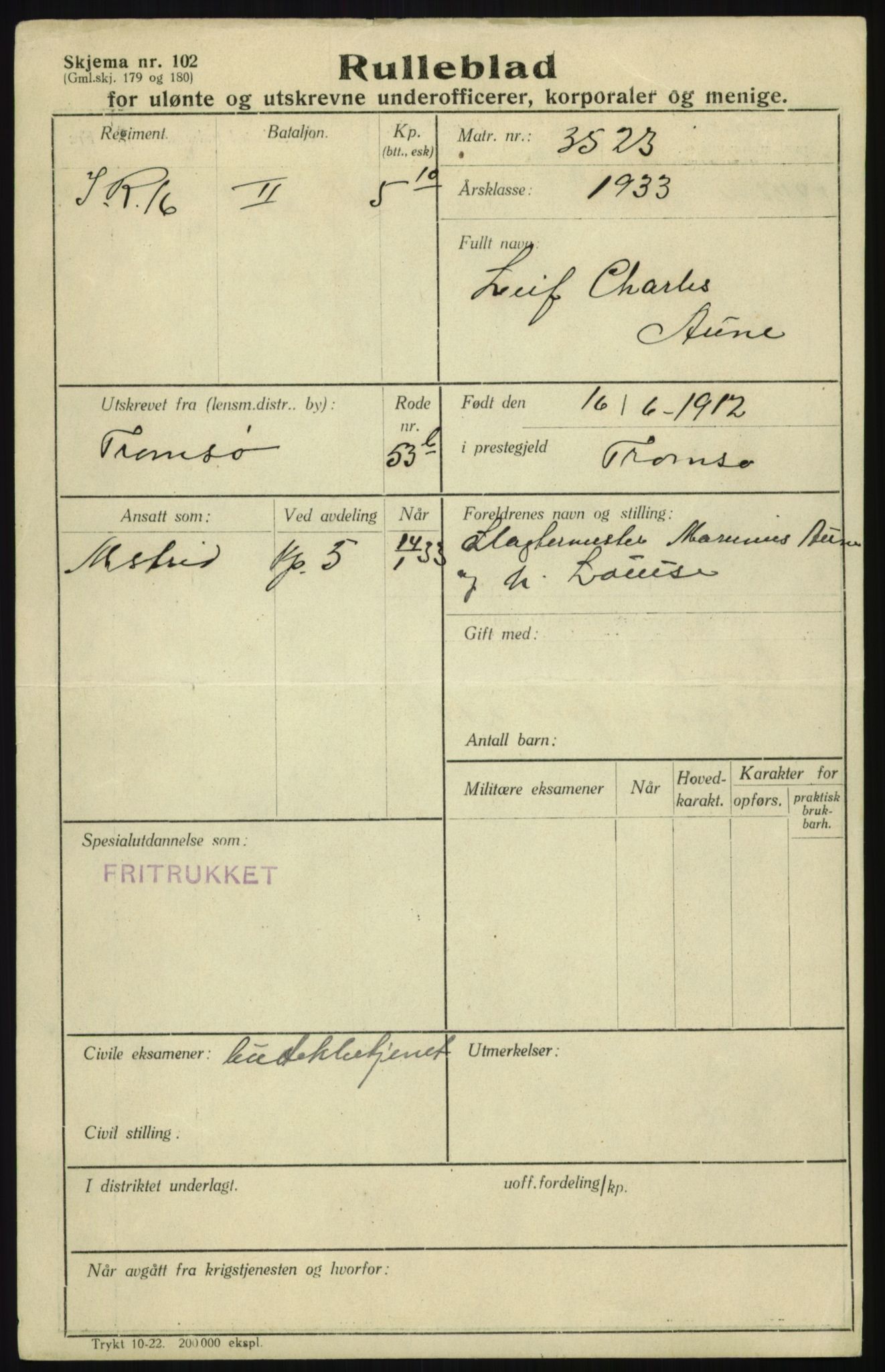 Forsvaret, Troms infanteriregiment nr. 16, AV/RA-RAFA-3146/P/Pa/L0017: Rulleblad for regimentets menige mannskaper, årsklasse 1933, 1933, s. 75