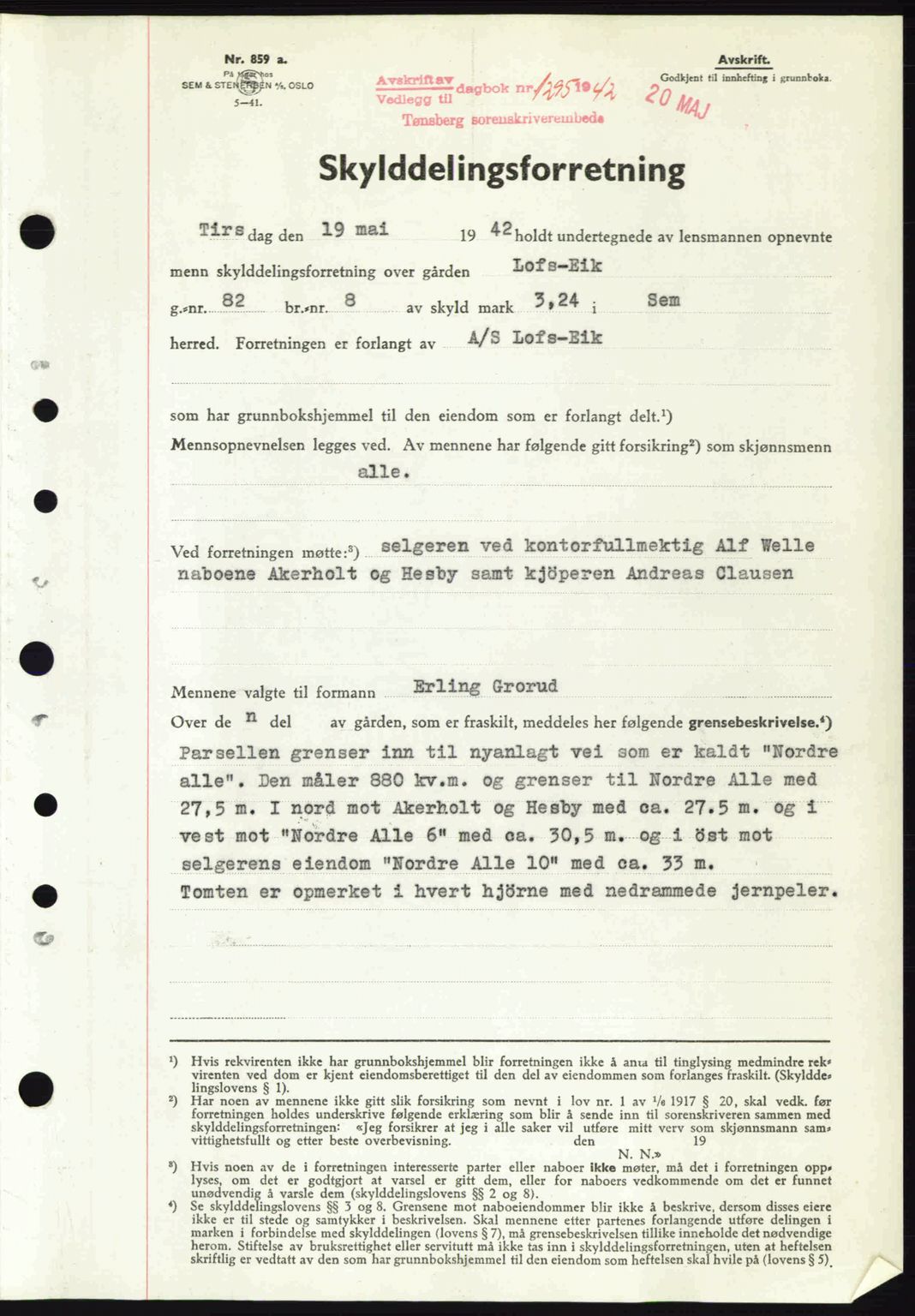 Jarlsberg sorenskriveri, SAKO/A-131/G/Ga/Gaa/L0012: Pantebok nr. A-12, 1942-1942, Dagboknr: 1295/1942