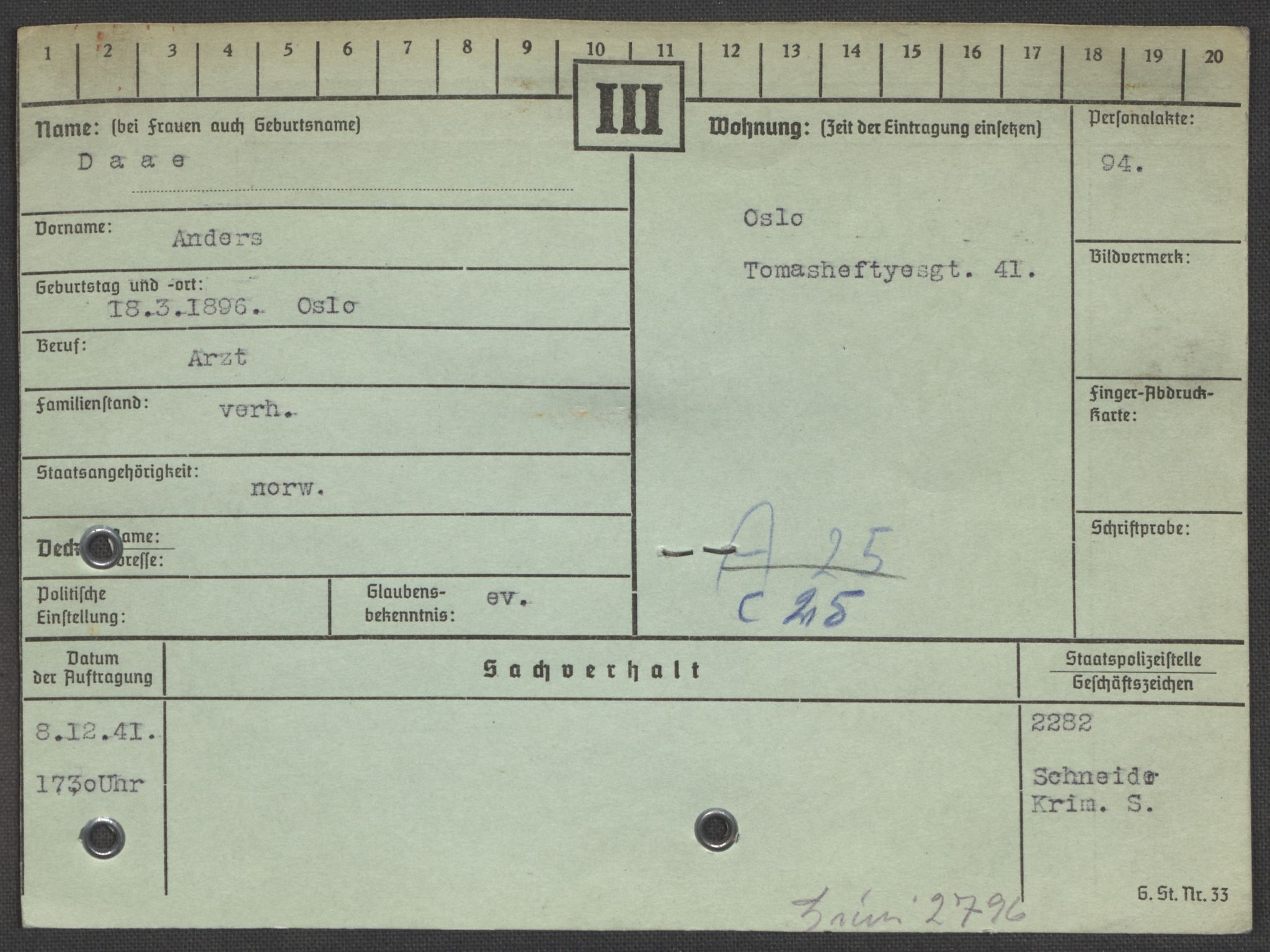 Befehlshaber der Sicherheitspolizei und des SD, RA/RAFA-5969/E/Ea/Eaa/L0002: Register over norske fanger i Møllergata 19: Bj-Eng, 1940-1945, s. 1143