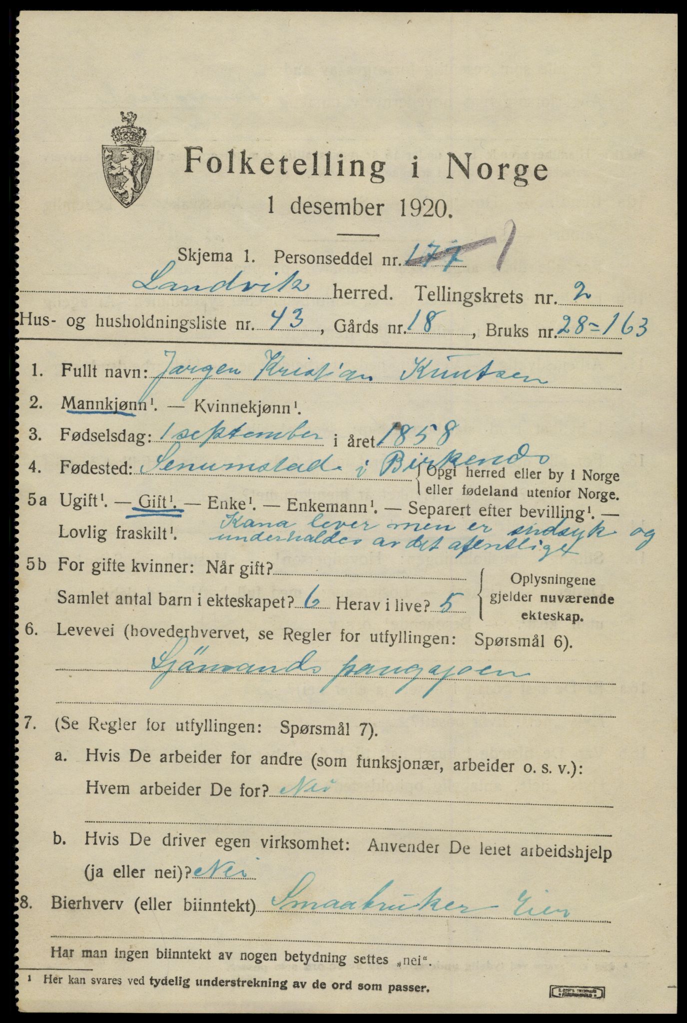SAK, Folketelling 1920 for 0924 Landvik herred, 1920, s. 2120