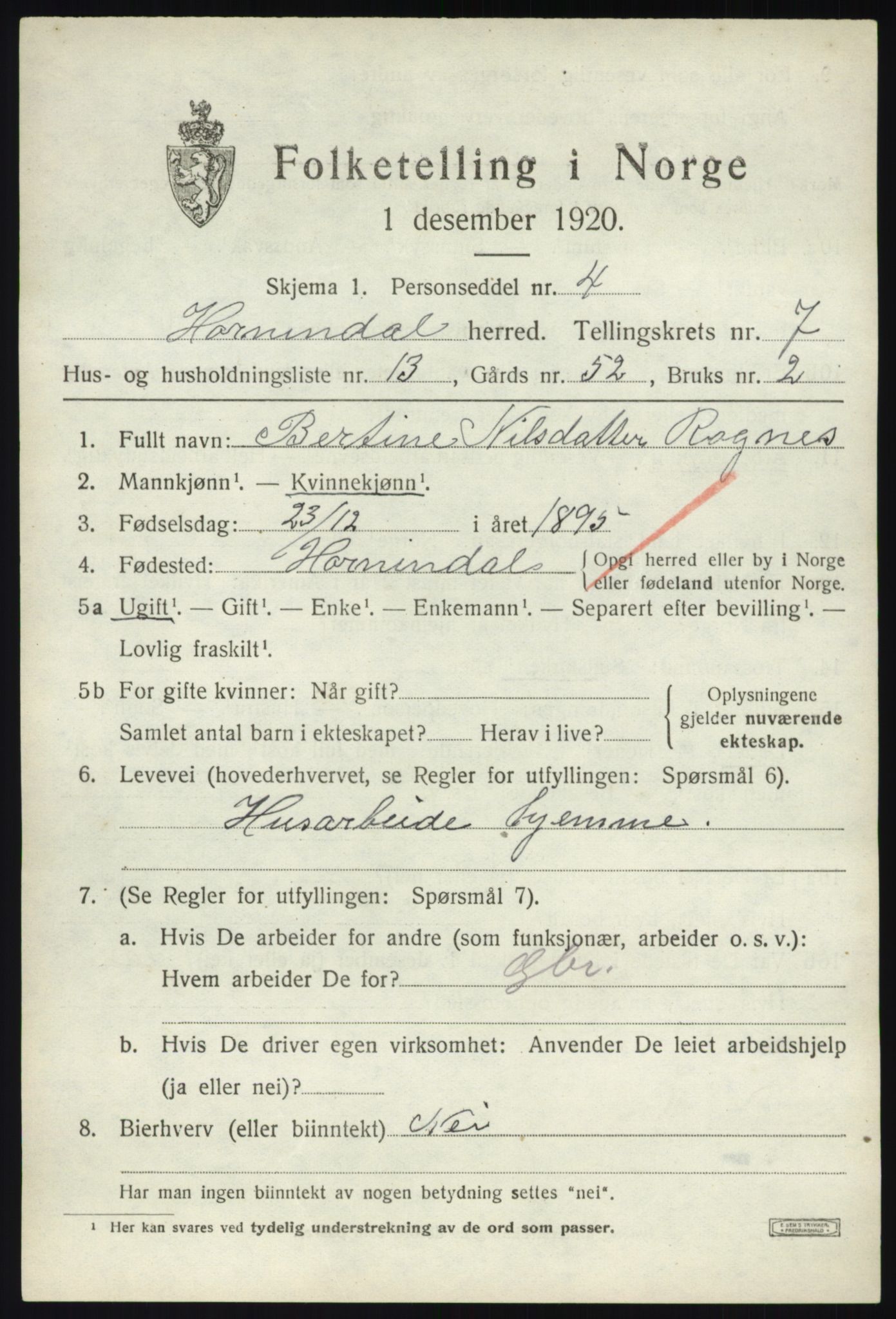 SAB, Folketelling 1920 for 1444 Hornindal herred, 1920, s. 3708